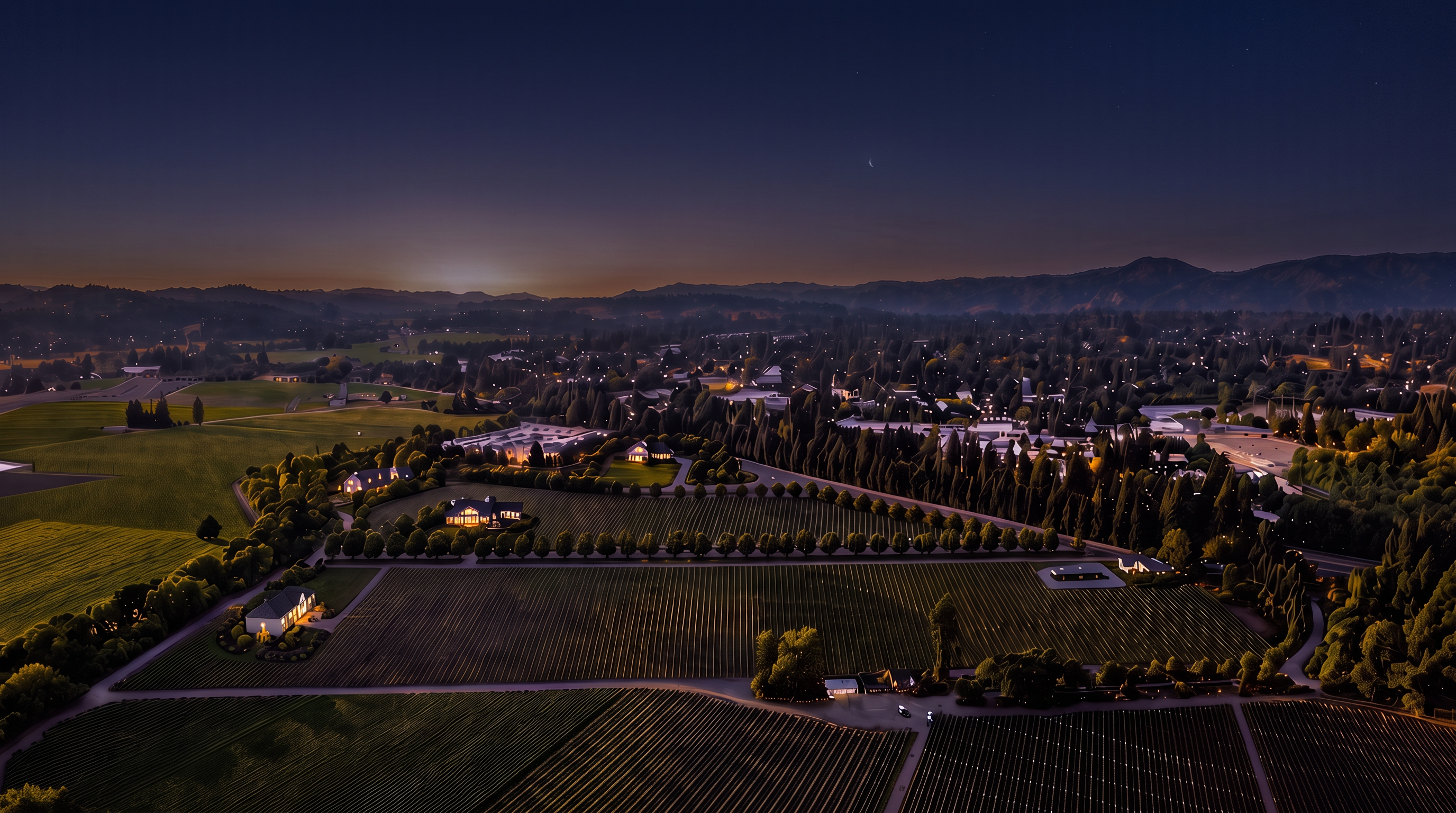 This stunning twilight aerial view captures a sprawling estate set against a backdrop of rolling hills and a dusky evening sky. The property features neatly manicured vineyards and well-spaced residential buildings, all illuminated by warm, inviting lights. The sophisticated landscape design and tranquil setting convey a sense of exclusivity and rural luxury.