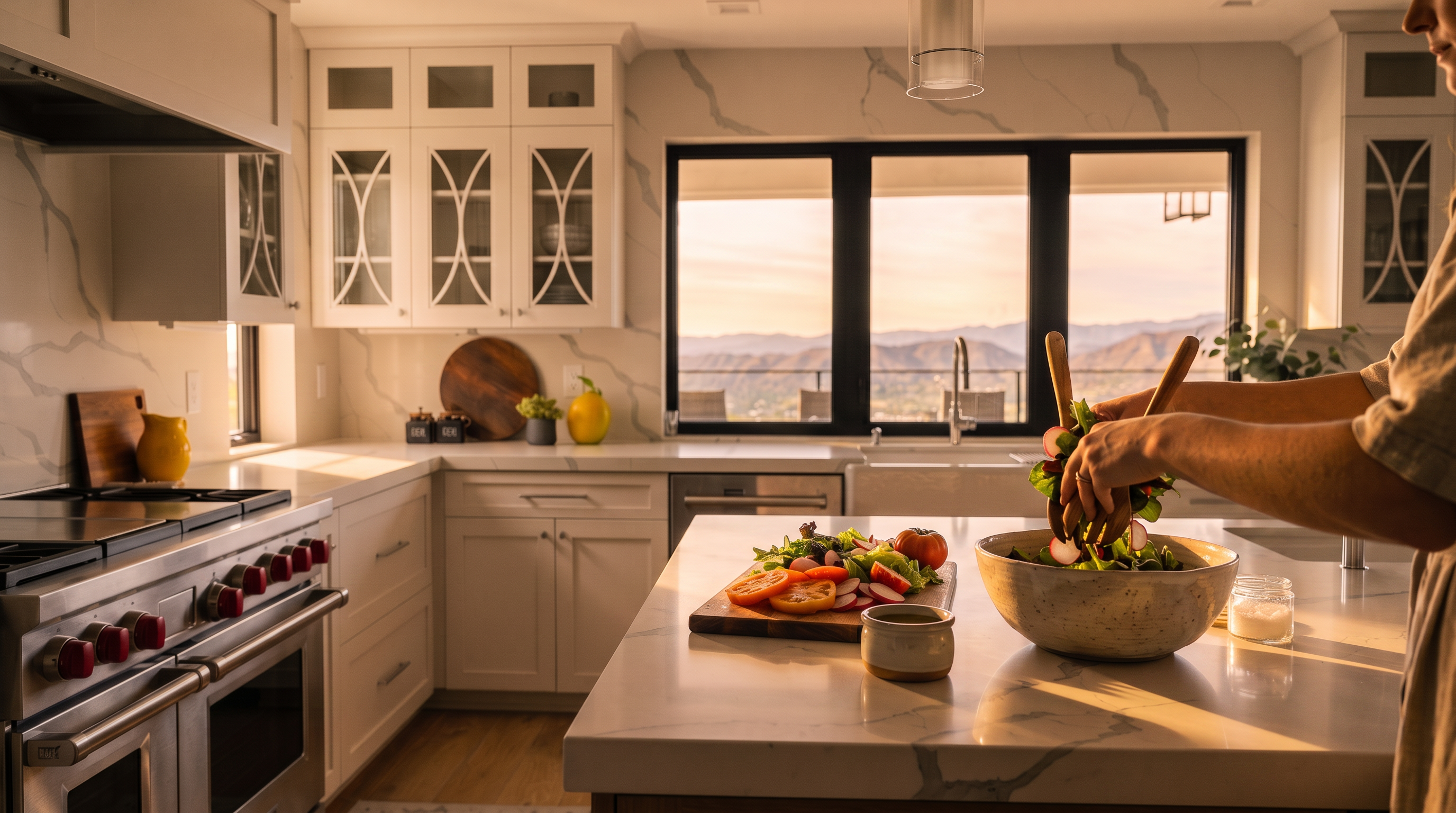 This stunning gourmet kitchen features a harmonious blend of crisp white cabinetry and warm wood tones on the large central island. High-end stainless steel appliances, including a professional-grade range, are complemented by elegant quartz countertops and a panoramic window overlooking a scenic valley. The space is further enhanced by stylish pendant lighting and clean, contemporary finishes, creating a sophisticated and inviting culinary environment.