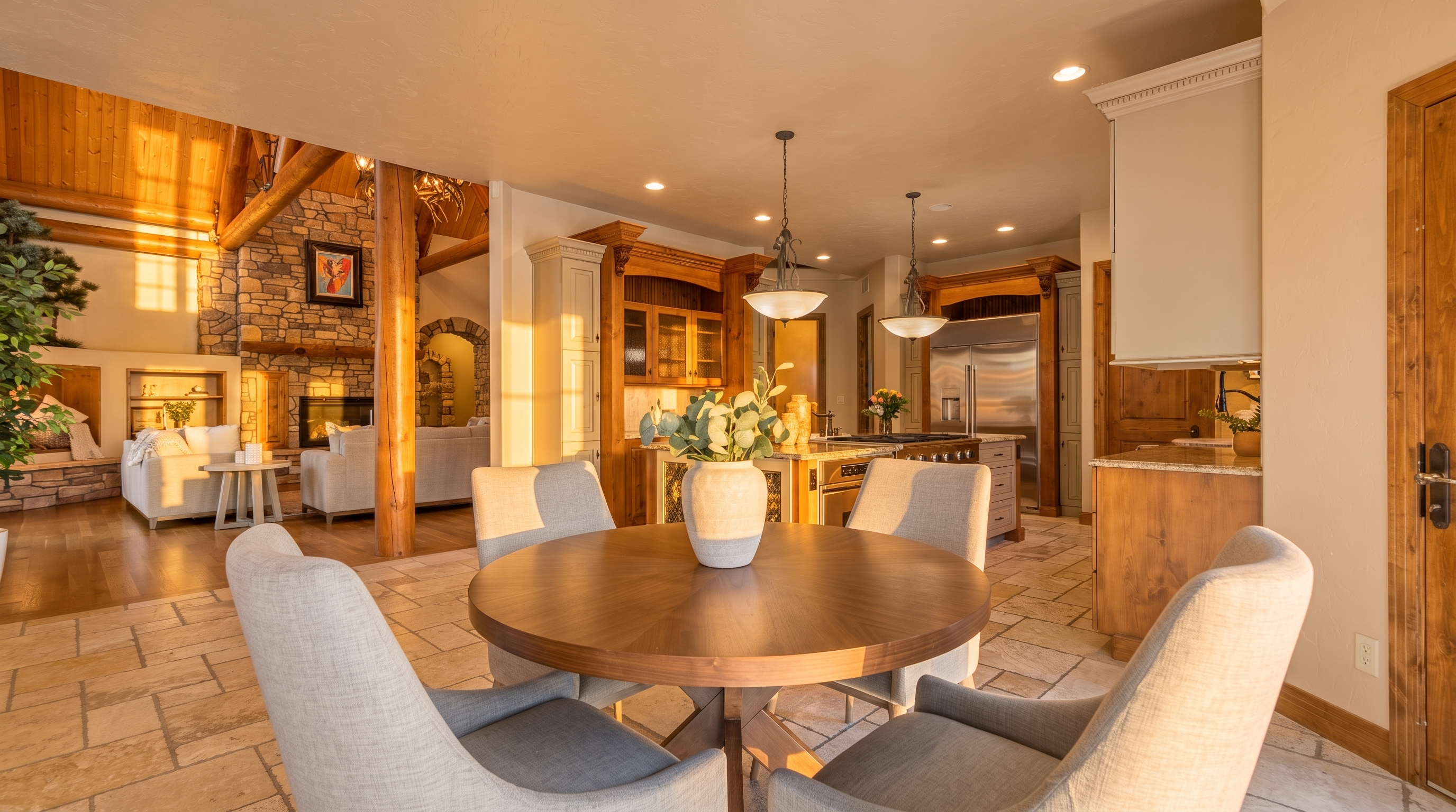 This open-concept dining area features a round wooden table surrounded by four upholstered chairs, set against a backdrop of a rustic-style kitchen and a living room with a stone-clad chimney breast. The space is defined by light-colored stone flooring and warm wood accents, creating a cohesive and inviting atmosphere. The perspective looks from the dining area toward the kitchen island and the adjacent living space, highlighting the home's spacious and connected layout.