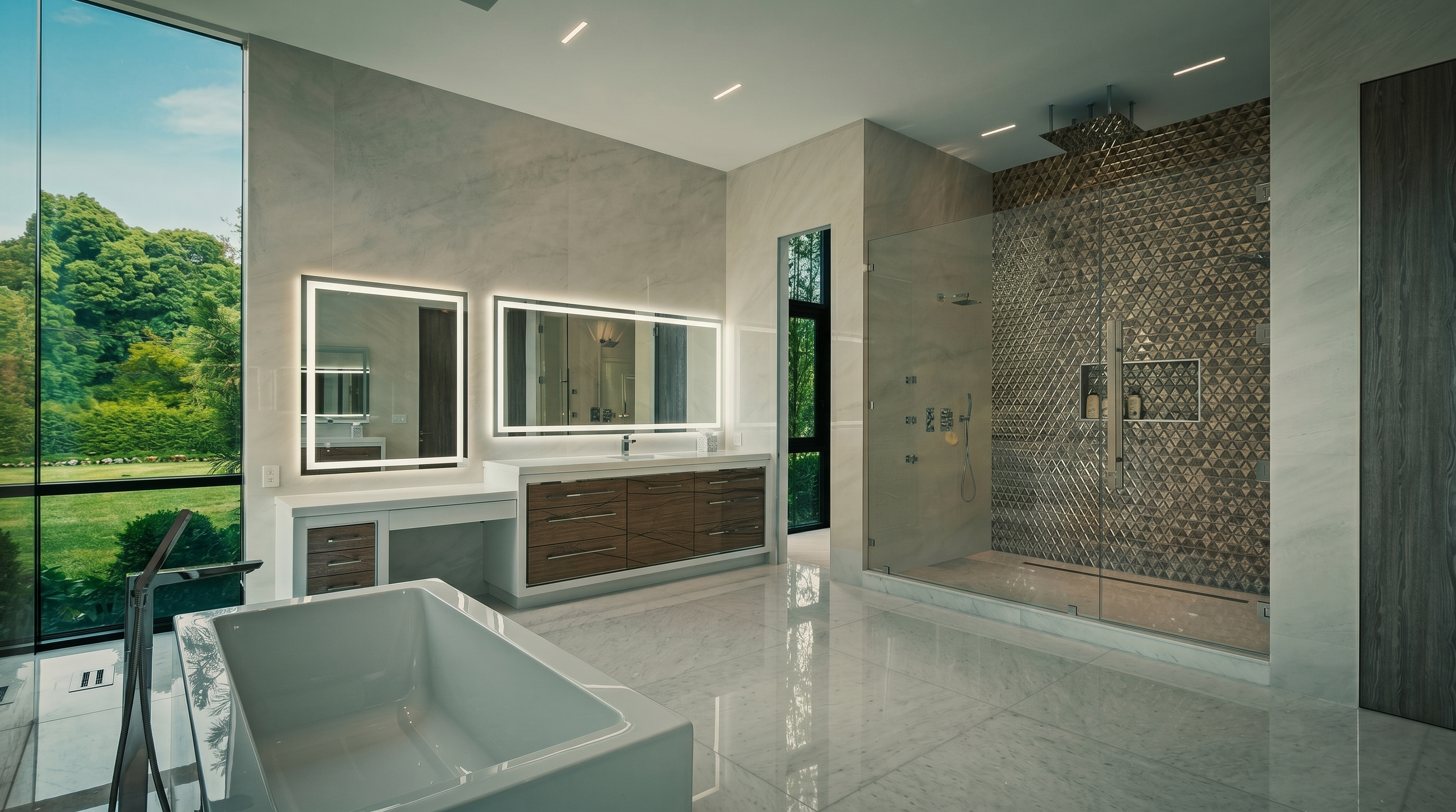 This luxurious primary bathroom features a sleek, modern aesthetic with a freestanding soaking tub and a spacious walk-in shower with patterned tile accents. A long vanity with light wood cabinetry and dual illuminated mirrors provides ample space, while large windows offer a serene view of the lush green landscape outside. The room is finished with polished light-colored flooring, creating a bright and airy atmosphere.