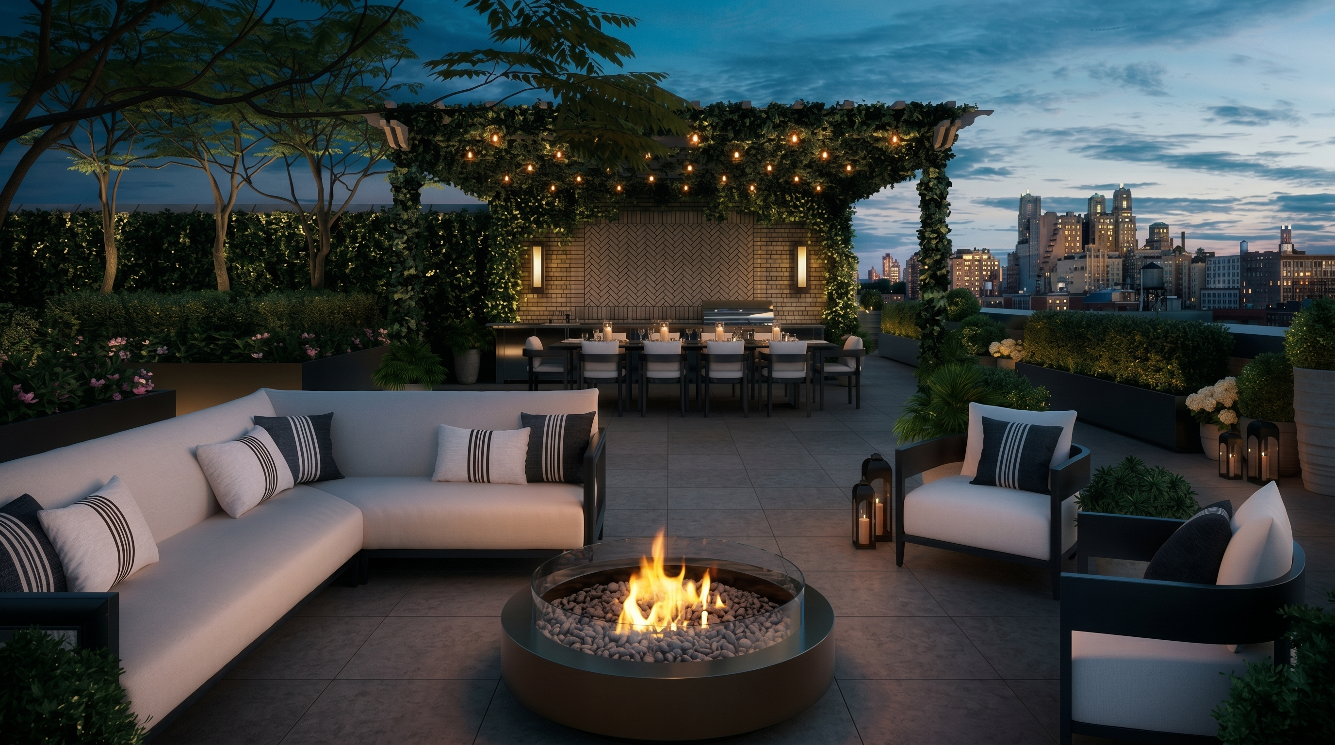 This sophisticated rooftop terrace offers a luxurious outdoor living space with a central circular fire pit surrounded by plush, modern lounge seating. A pergola draped in lush greenery frames a formal dining area in the background, while the entire space is set against a stunning twilight backdrop of the city skyline. The combination of ambient string lighting, manicured hedges, and high-end furnishings creates an inviting and elegant atmosphere for evening entertaining.