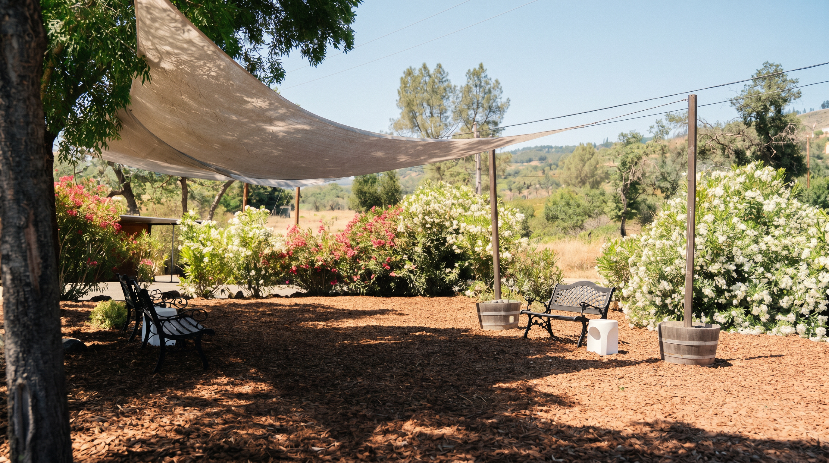 This serene outdoor space features a large, triangular shade sail suspended over a mulched seating area, creating a comfortable retreat. Two black metal benches are positioned under the shade, flanked by large wooden planters and surrounded by lush, blooming oleander bushes. The scene captures a peaceful, sun-drenched garden setting with a natural, rustic aesthetic perfect for relaxation.