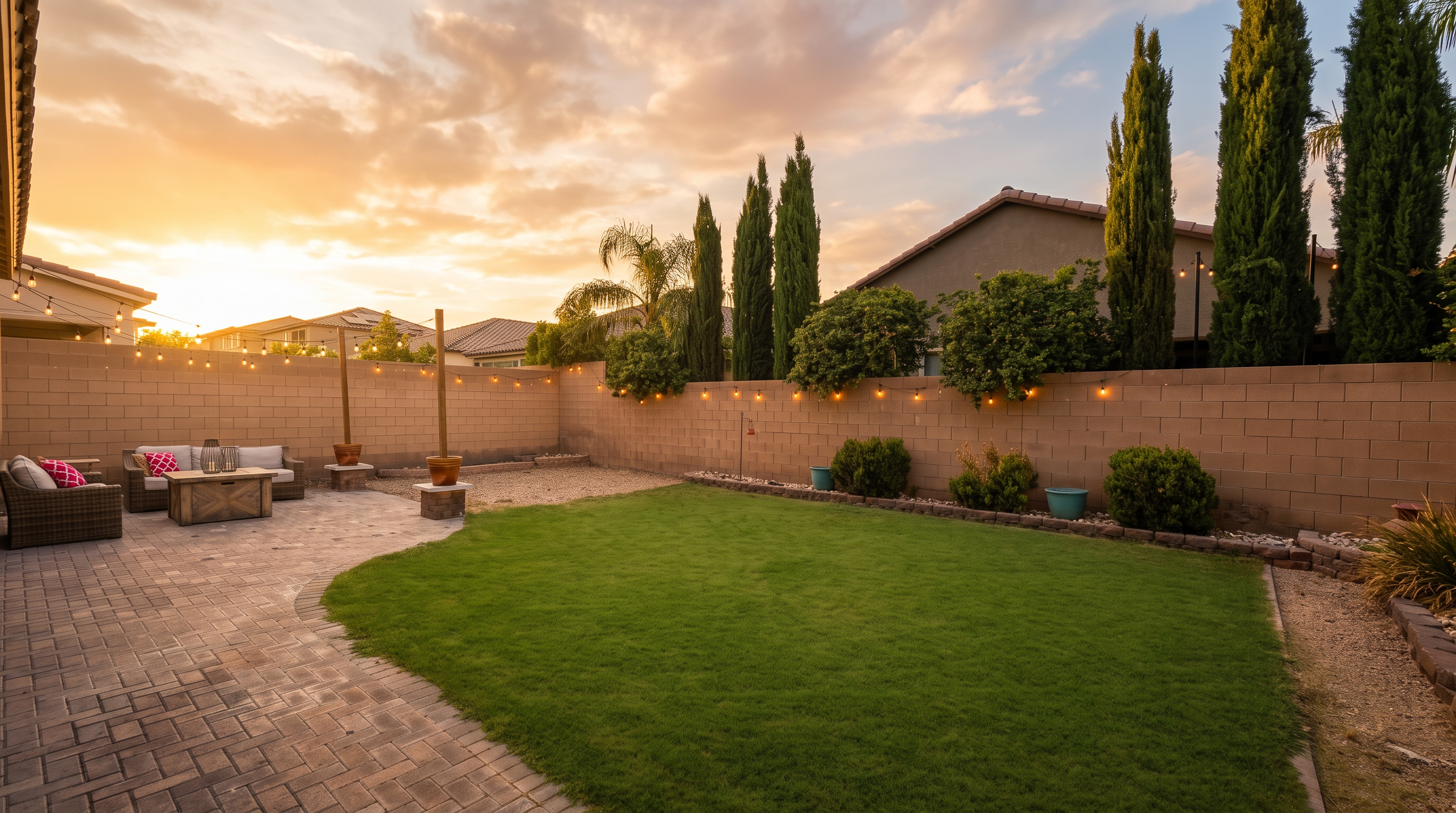 This backyard features a well-maintained green lawn bordered by a paved brick patio area and a stone-edged garden bed. A comfortable outdoor seating arrangement with a fire pit sits on the patio, while tall, slender cypress trees line the perimeter against a high masonry wall. The scene is captured from a ground-level perspective, highlighting the clean, open layout and sunny atmosphere of the private outdoor space.