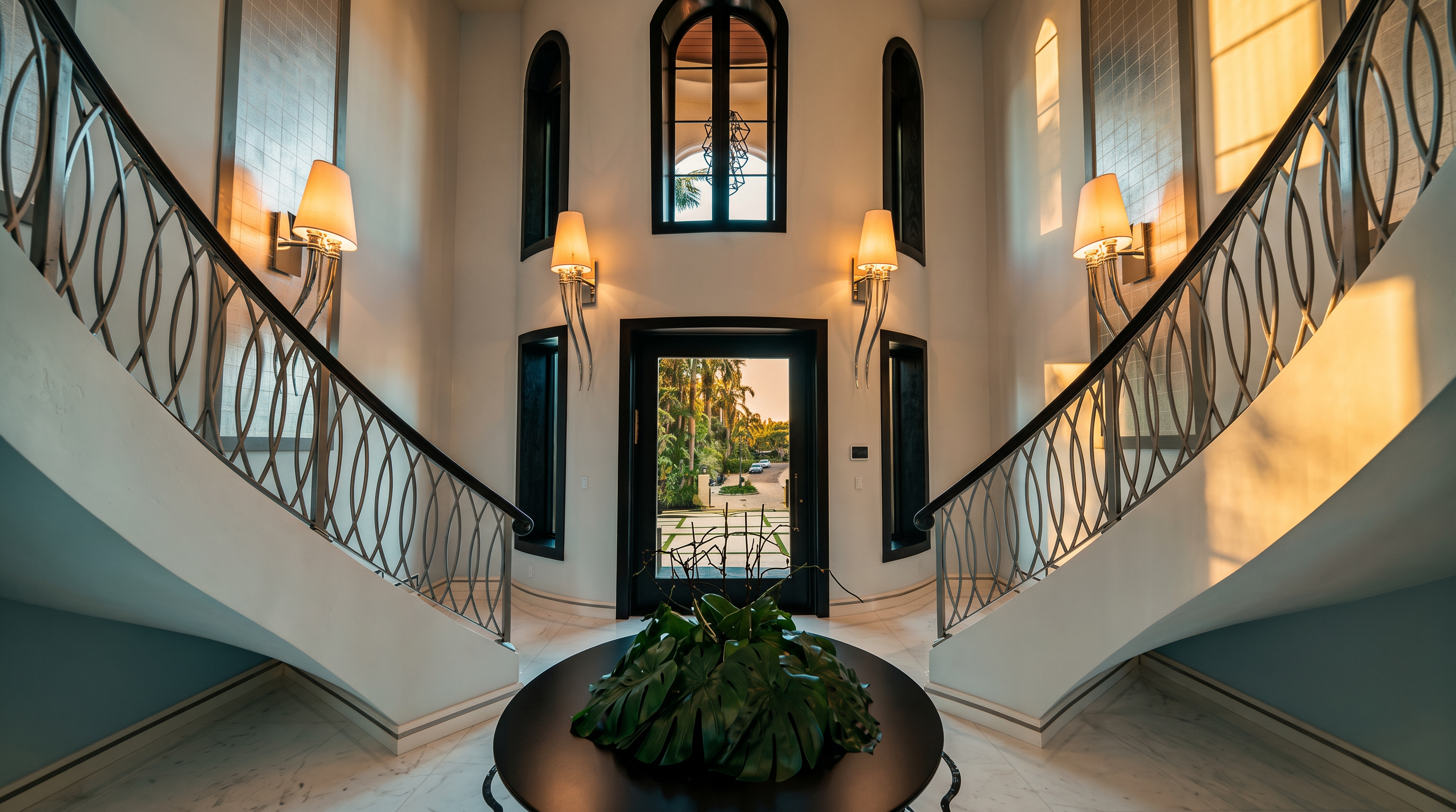 This grand foyer features a symmetrical double staircase with elegant metal railings that curve upward, framing a central front door. The space is bright and airy, highlighted by tall arched windows and wall-mounted sconces that provide a sophisticated, formal aesthetic. A circular table with a large potted plant serves as a focal point in the foreground, while the open doorway offers a clear view of the lush, green exterior landscape.
