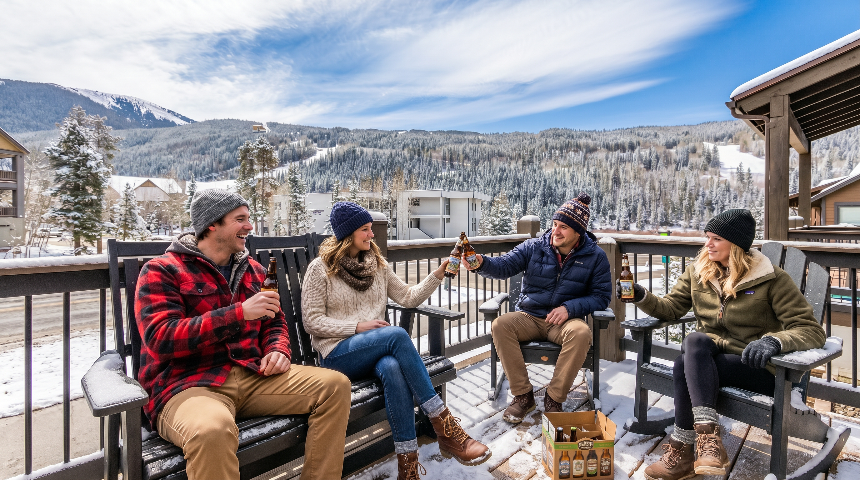 This elevated wooden deck offers a serene outdoor living space furnished with a dark-colored bench and two matching rocking chairs. The deck overlooks a scenic mountain landscape featuring a dense pine forest and a distant ski slope under a bright, cloud-streaked sky. The perspective is from a slightly elevated vantage point, emphasizing the peaceful atmosphere and the connection between the home and its natural surroundings.