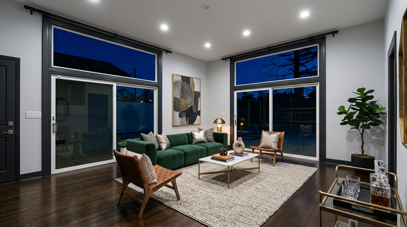 This sophisticated, contemporary living room features a rich, emerald green velvet sofa and warm wood-toned leather accent chairs, creating a luxurious seating area on a textured light rug. Natural light pours in through prominent, dark-framed oversized sliding doors and clerestory windows, which offer a clear view of the night landscape. The space is anchored by a marble-topped coffee table, modern gold-toned accents, and a stylish bar cart, providing an elegant and inviting atmosphere.