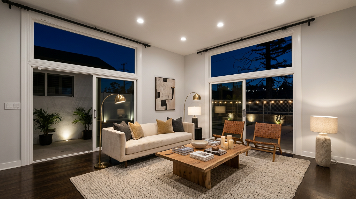 This sophisticated living room features an inviting open-concept design with floor-to-ceiling sliding glass doors that frame evening views of the landscape. The space is anchored by a neutral-toned sofa, a natural edge wooden coffee table, and stylish woven leather armchairs, all resting on a textured area rug. With warm ambient lighting, contemporary art, and rich hardwood floors, the room exudes a modern and cozy aesthetic perfect for entertaining.