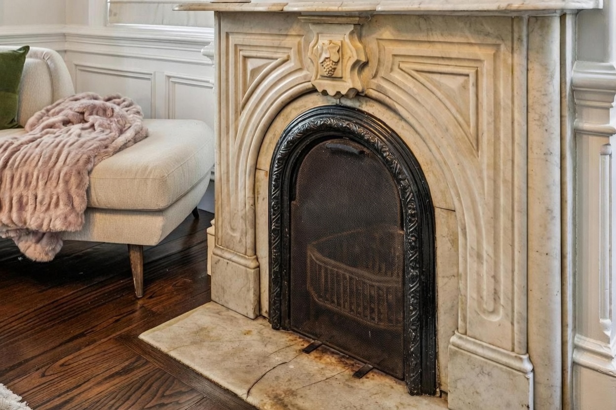 This image highlights a classic fireplace featuring an ornate, light-colored stone surround with intricate carved detailing and a central decorative motif. The arched firebox is framed by a dark, decorative metal screen, resting upon a stone hearth that shows natural character. To the left, a portion of a plush, light-toned seating piece with a soft throw blanket suggests a cozy and elegant living space.