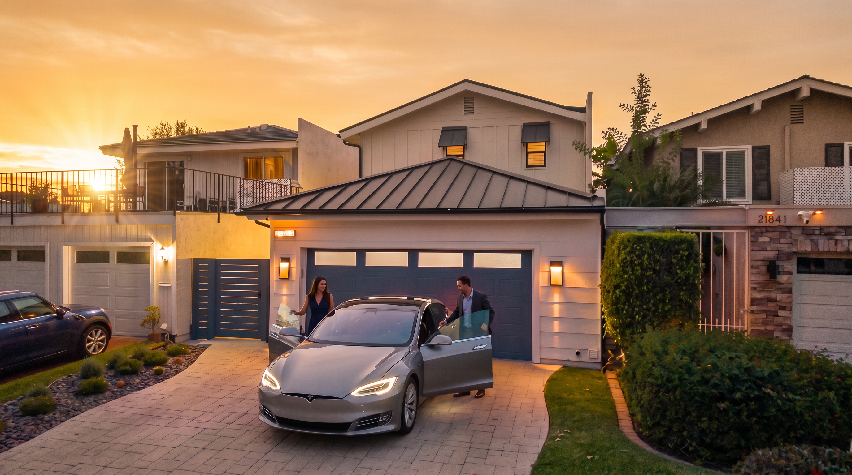 This front-facing exterior view captures a modern suburban home at dusk, featuring a prominent dark blue garage door with horizontal windows and warm wall-mounted lighting. The property showcases a clean, contemporary aesthetic with a metal roof, light-colored siding, and a paved driveway leading to the entrance. The composition is framed by a manicured lawn and neighboring homes, creating a welcoming and well-maintained residential atmosphere.