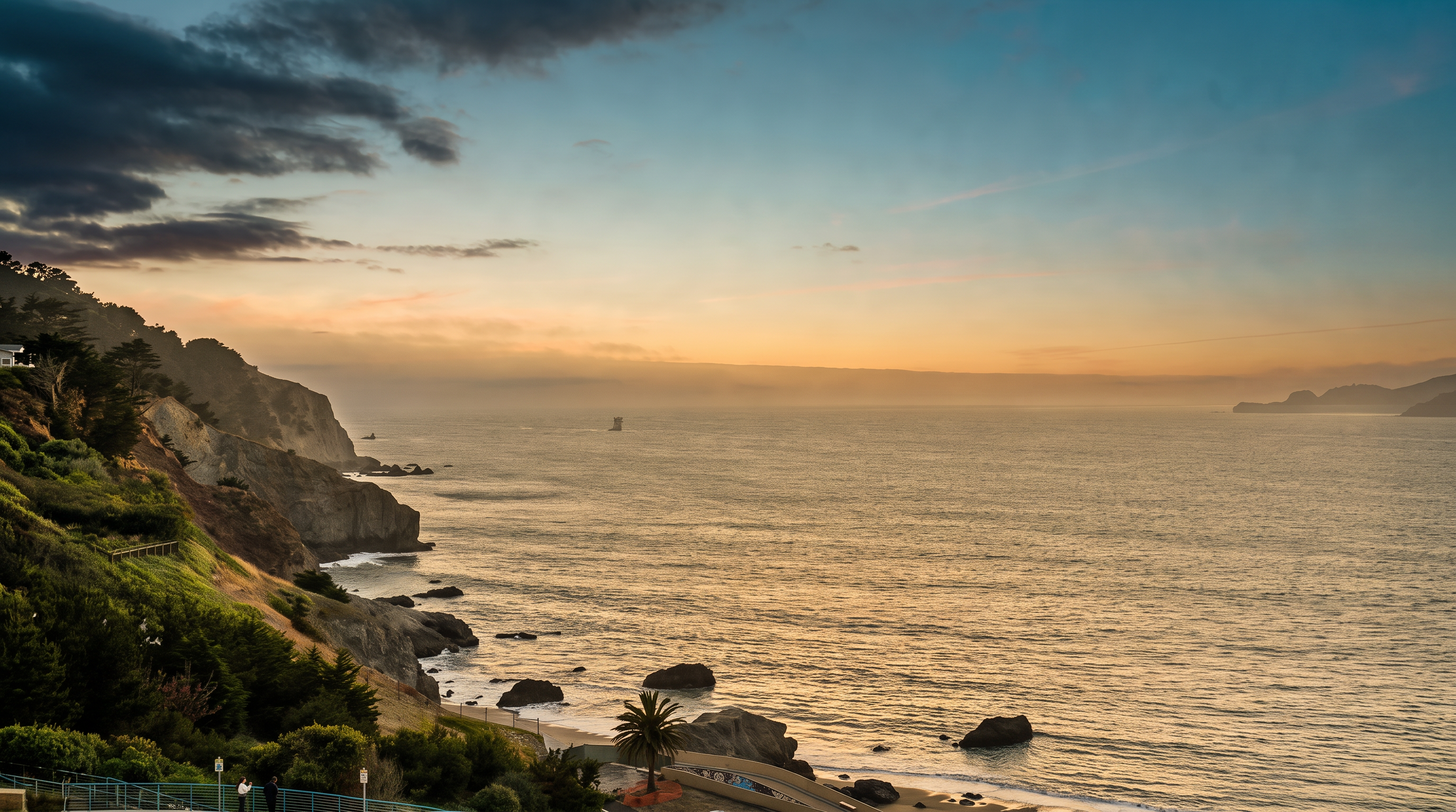 This scenic, wide-angle shot captures a breathtaking coastal view from an elevated vantage point, likely a balcony or cliffside overlook. The composition features a rugged, tree-lined coastline meeting the vast ocean under a soft, twilight sky with gentle cloud formations. In the foreground, a small portion of a railing and a palm tree are visible, grounding the perspective and emphasizing the height and openness of the location.