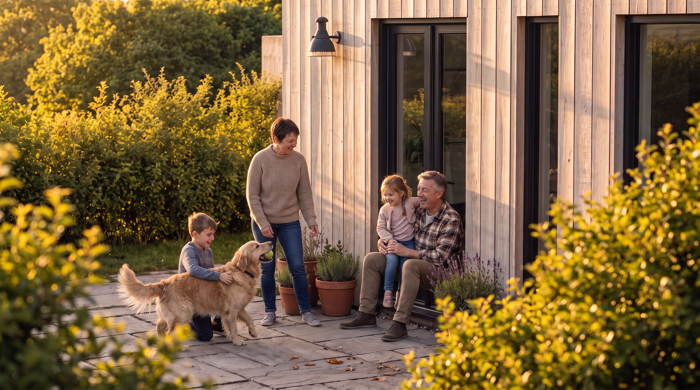 This image features a charming outdoor patio space with light-toned wooden siding, creating a warm and contemporary aesthetic. A family is gathered on the stone-paved terrace, which is framed by lush greenery and potted plants, highlighting a peaceful and inviting living environment. The golden hour lighting enhances the cozy, residential atmosphere, emphasizing the home's connection to nature and its suitability for family life.