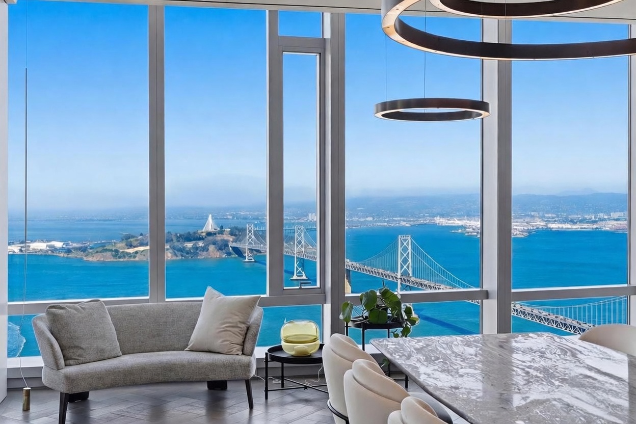 This sophisticated living and dining area features expansive floor-to-ceiling windows that frame a breathtaking, panoramic view of the San Francisco Bay and the Bay Bridge. The space is furnished with a curved, light-toned sofa and a dining table with a polished stone surface, complemented by modern, circular pendant lighting. The interior design is sleek and contemporary, emphasizing the dramatic connection between the refined living space and the iconic urban landscape outside.