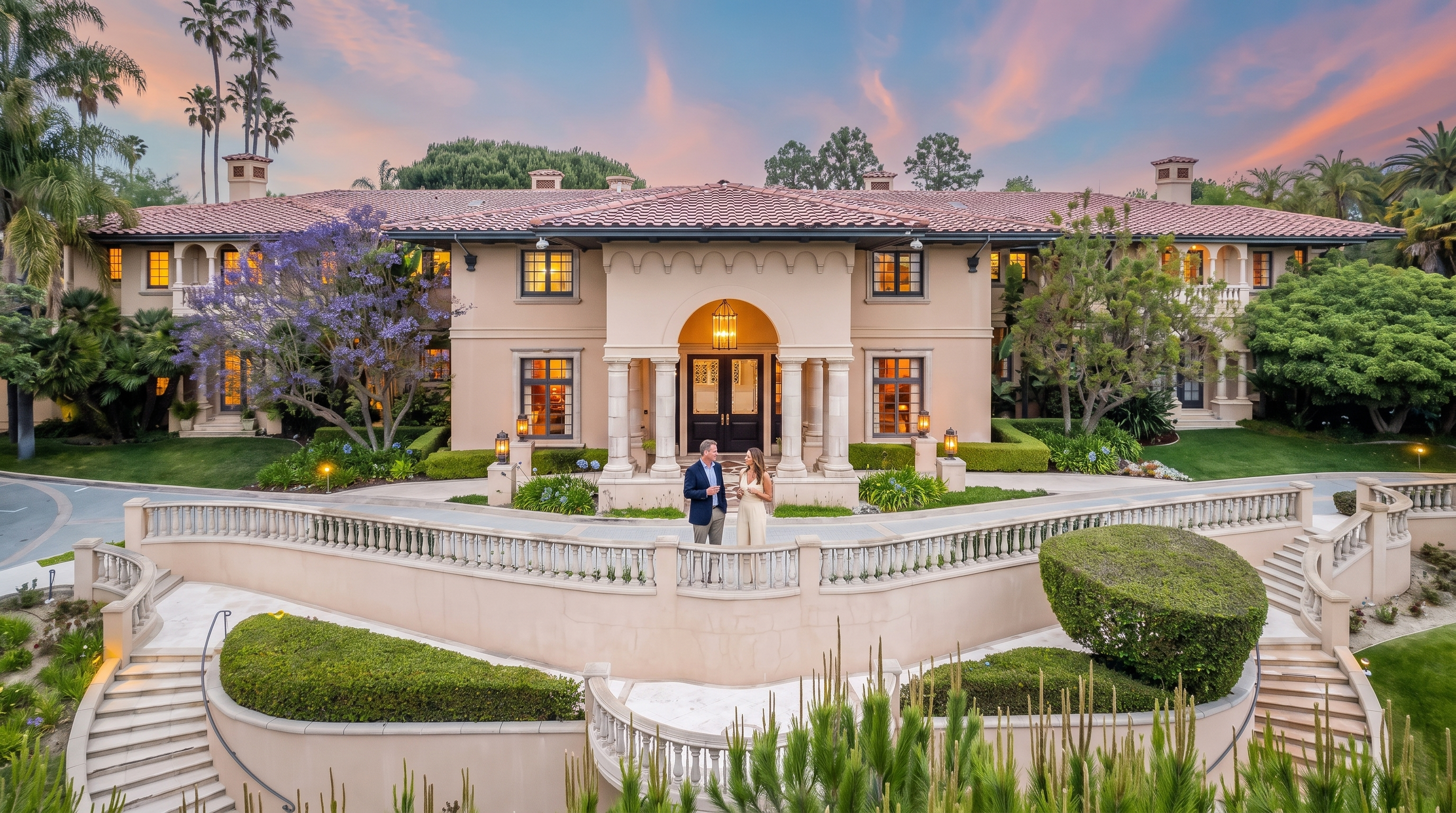 This grand Mediterranean-style estate features an expansive, multi-tiered front facade with a prominent arched stone entryway and extensive manicured landscaping. The property is characterized by its terracotta tile roof, symmetrical architectural details, a sweeping stone staircase, and a regal stone balustrade. A couple is captured standing on the elevated vantage point, emphasizing the luxury and welcoming scale of this high-end residential property.
