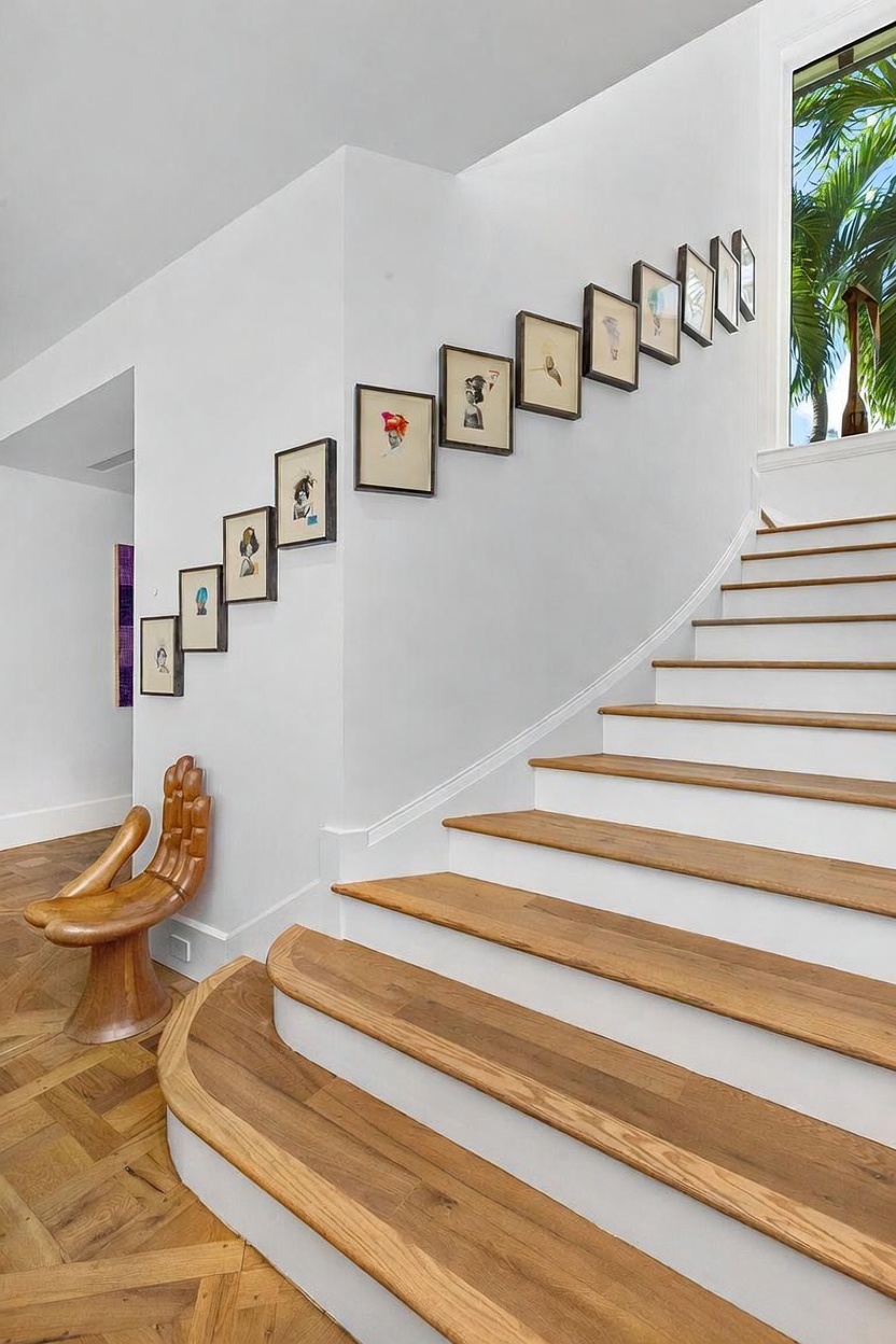 This elegant staircase features light wood treads and white risers, leading upward alongside a wall adorned with a gallery of framed artwork. To the left, a unique hand-shaped wooden chair sits on a herringbone-patterned wood floor, adding a sculptural element to the space. The area is bright and airy, with a large window at the top of the stairs allowing natural light to filter in.