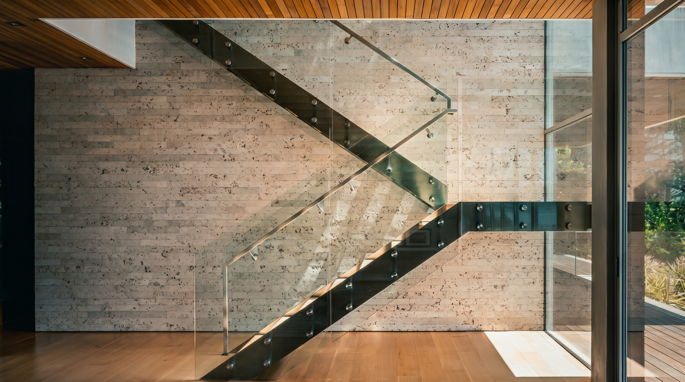 This striking interior space features a modern floating staircase with glass railings and metal supports, serving as a central architectural focal point. The staircase is set against a textured stone wall, complemented by light wood flooring and a slatted wood ceiling. Large glass panels to the right provide an expansive view of the outdoors, creating a bright and airy atmosphere with a sophisticated, minimalist aesthetic.