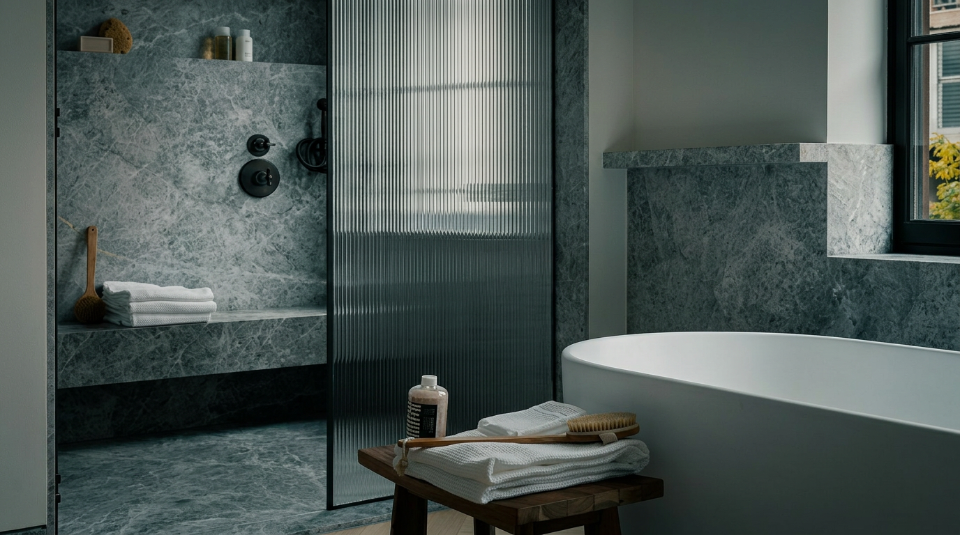 This luxurious primary bathroom features a sophisticated blend of grey marble tiling and warm herringbone wood flooring. A sleek, fluted glass shower enclosure stands adjacent to a minimalist freestanding soaking tub, while a wooden stool provides a natural, organic touch. The space is bathed in soft, natural light from a nearby window, creating a serene and high-end spa-like atmosphere.