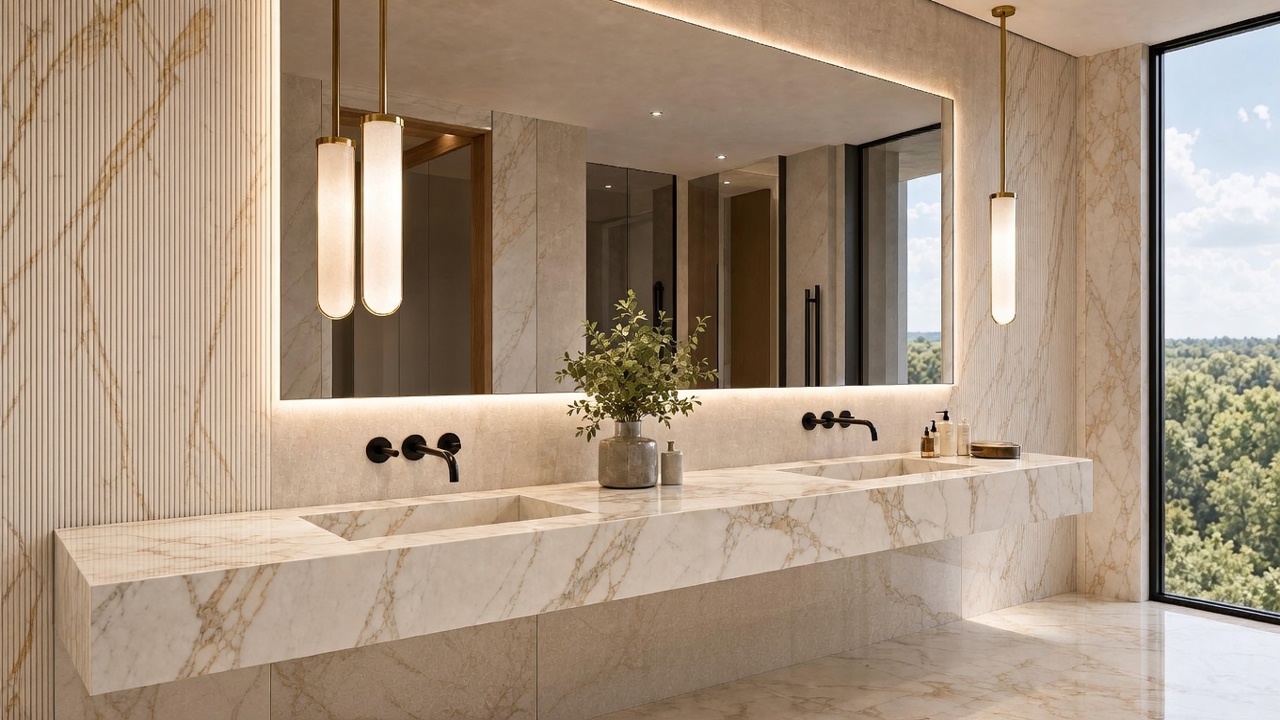 This luxurious primary bathroom features a long, dual-sink vanity topped with light-veined stone and accented by a slatted wood base. A large, frameless mirror spans the width of the vanity, flanked by elegant pendant lights and wall-mounted matte black faucets. The space is finished with textured wall paneling and large-format stone flooring, creating a sophisticated and serene atmosphere.