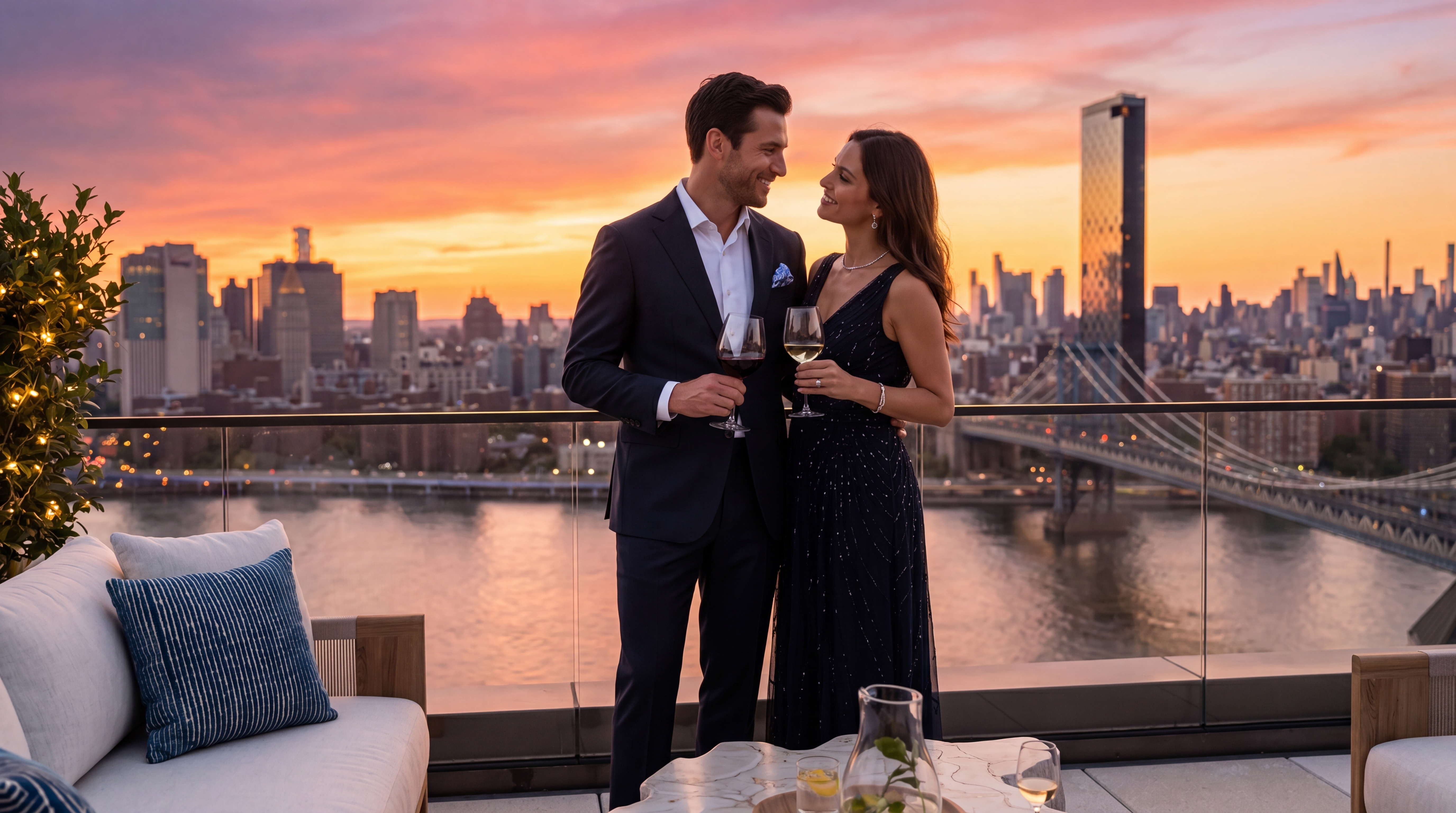 This luxurious high-rise terrace offers a sophisticated outdoor living space with a panoramic view of the city skyline and a prominent bridge over the river. The area is furnished with high-end, modern patio furniture, including a plush sofa, armchairs, and a dining set, all arranged on clean, light-colored stone tiles. The glass railing ensures an unobstructed, cinematic perspective of the urban landscape, creating an atmosphere of exclusivity and refined relaxation.