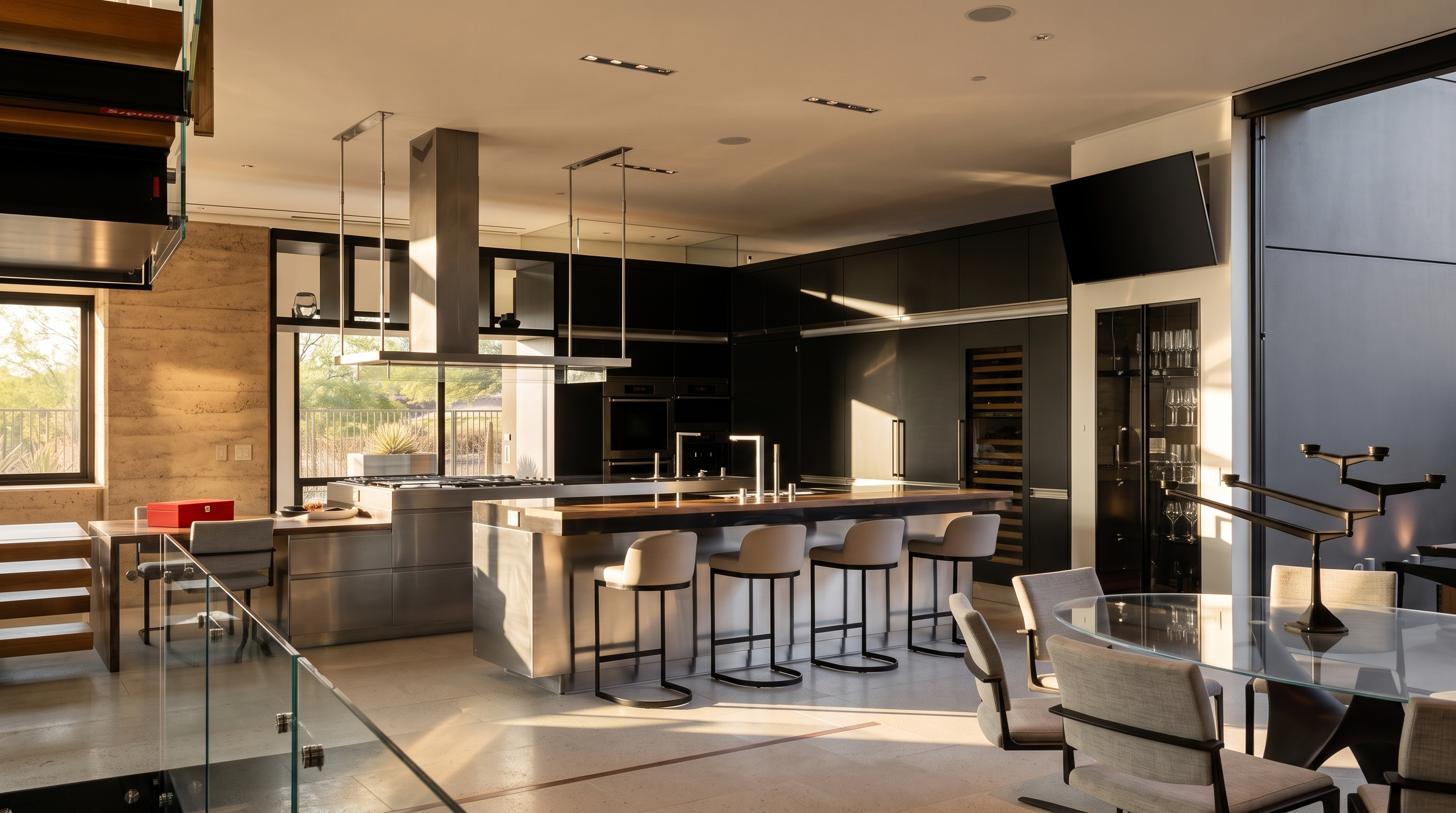 This expansive, modern kitchen features a large central island with a thick wood-topped breakfast bar and stainless steel base, complemented by four contemporary bar stools. The space is defined by sleek, dark cabinetry, high-end stainless steel appliances, and a professional-grade range hood suspended above the island. A glass-topped dining table sits in the foreground, while the open-concept layout flows seamlessly toward large windows that provide natural light and views of the outdoors.