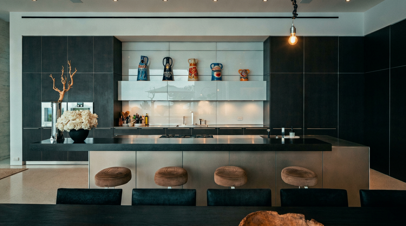 This sleek, modern kitchen features a striking contrast between dark charcoal cabinetry and a light-toned central island with four plush bar stools. The backsplash is adorned with a row of decorative, colorful canisters, while a single industrial-style pendant light hangs above the workspace. The perspective is a wide, symmetrical shot that emphasizes the clean lines and sophisticated, minimalist aesthetic of the space.