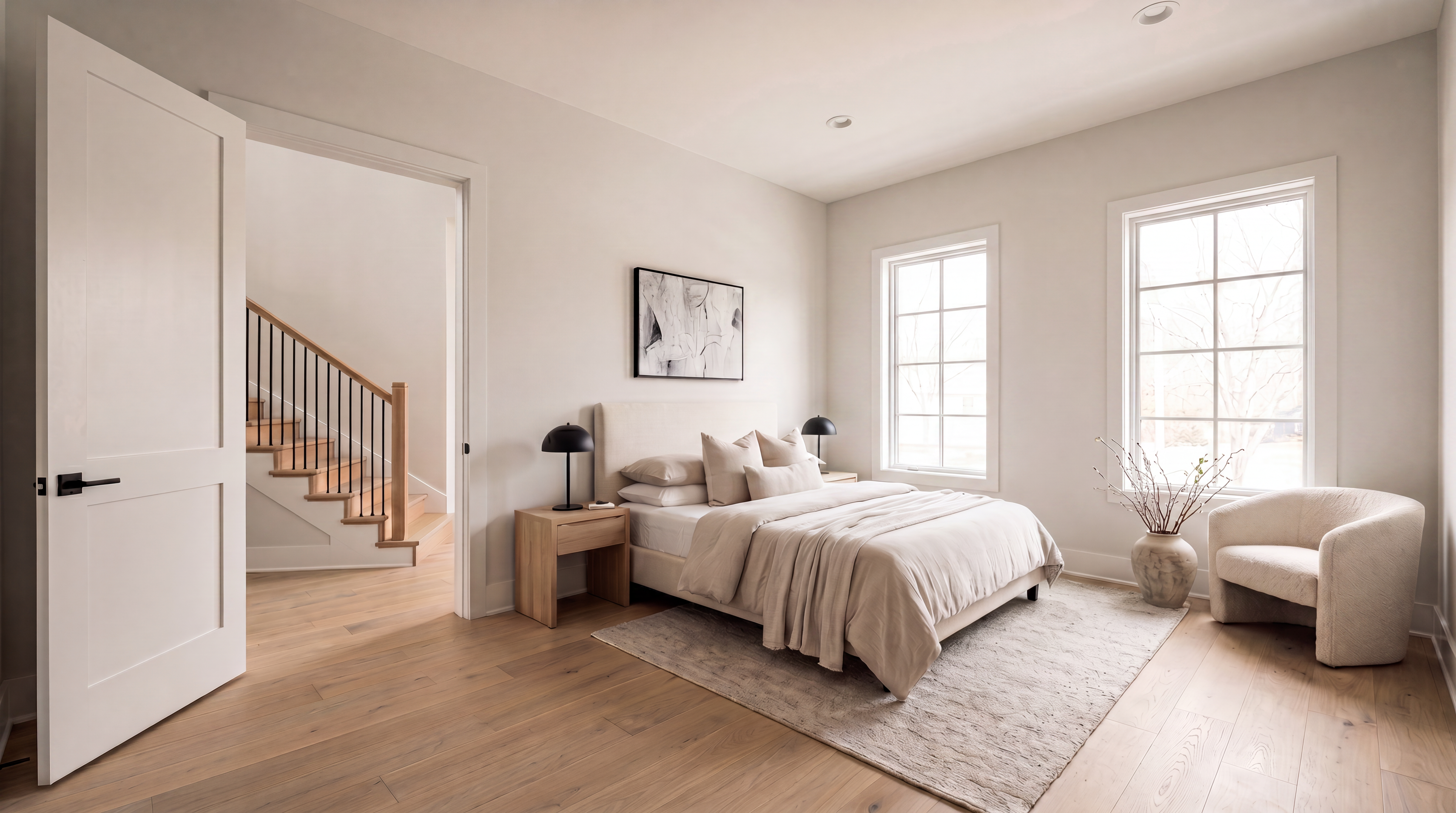 This serene, neutral-toned primary bedroom features light hardwood flooring, a contemporary bed frame with plush bedding, and two matching bedside tables with modern lamps. The room is enhanced by large windows that bring in natural light, an elegant armchair in the corner, and an adjoining open doorway leading to a staircase, creating an airy and sophisticated atmosphere.