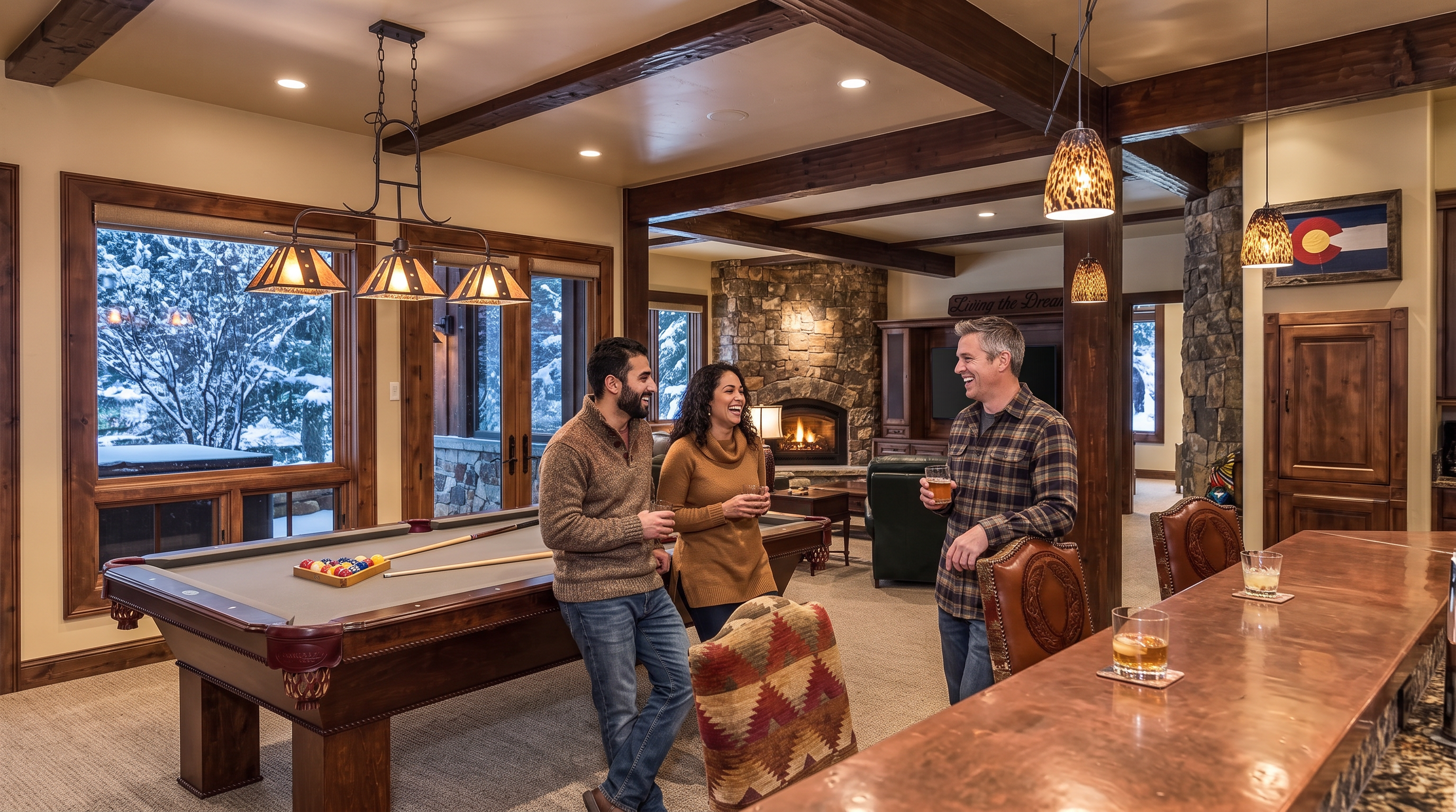 This spacious, rustic-style basement serves as a multi-functional entertainment area, featuring a full-sized billiards table and a bar top area. The room includes a cozy stone fireplace, heavy wood ceiling beams, and a view of snow-covered scenery through large windows, creating an inviting atmosphere for social gatherings.