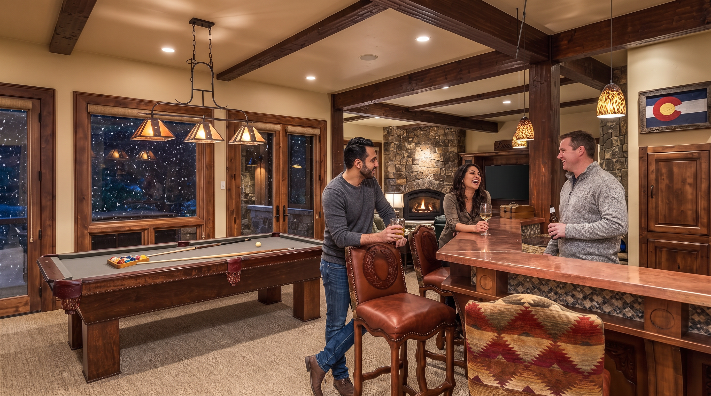This rustic basement features a dedicated game area with a professional-grade pool table, complemented by an inviting built-in wet bar with copper countertops. The space is accented by natural wood beams, stone masonry around the fireplace, and warm ambient lighting, creating a comfortable and sophisticated entertainment area. Its cozy atmosphere and high-end finishes make it an ideal setting for hosting guests.