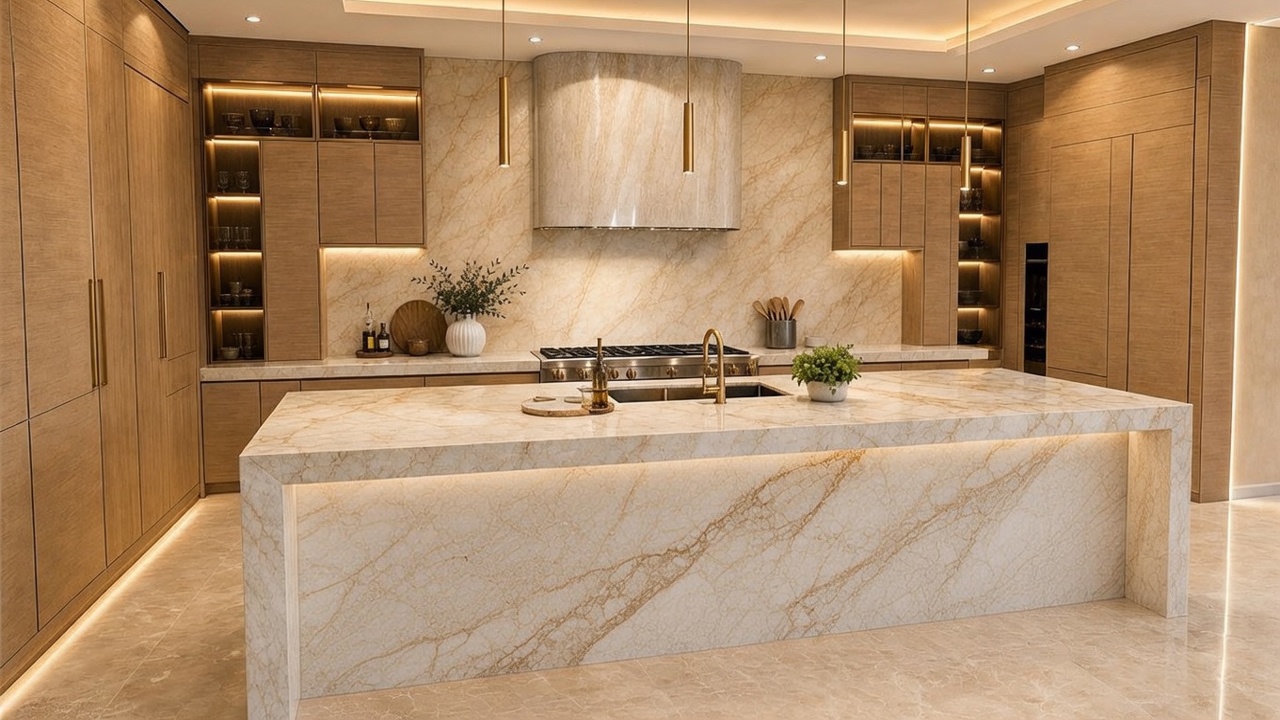 This sophisticated, modern kitchen features light wood cabinetry and a large central island topped with patterned stone. A matching stone backsplash and range hood create a cohesive aesthetic, complemented by warm under-cabinet lighting and sleek pendant fixtures. The space is furnished with five upholstered bar stools, offering a clean, high-end look suitable for luxury living.