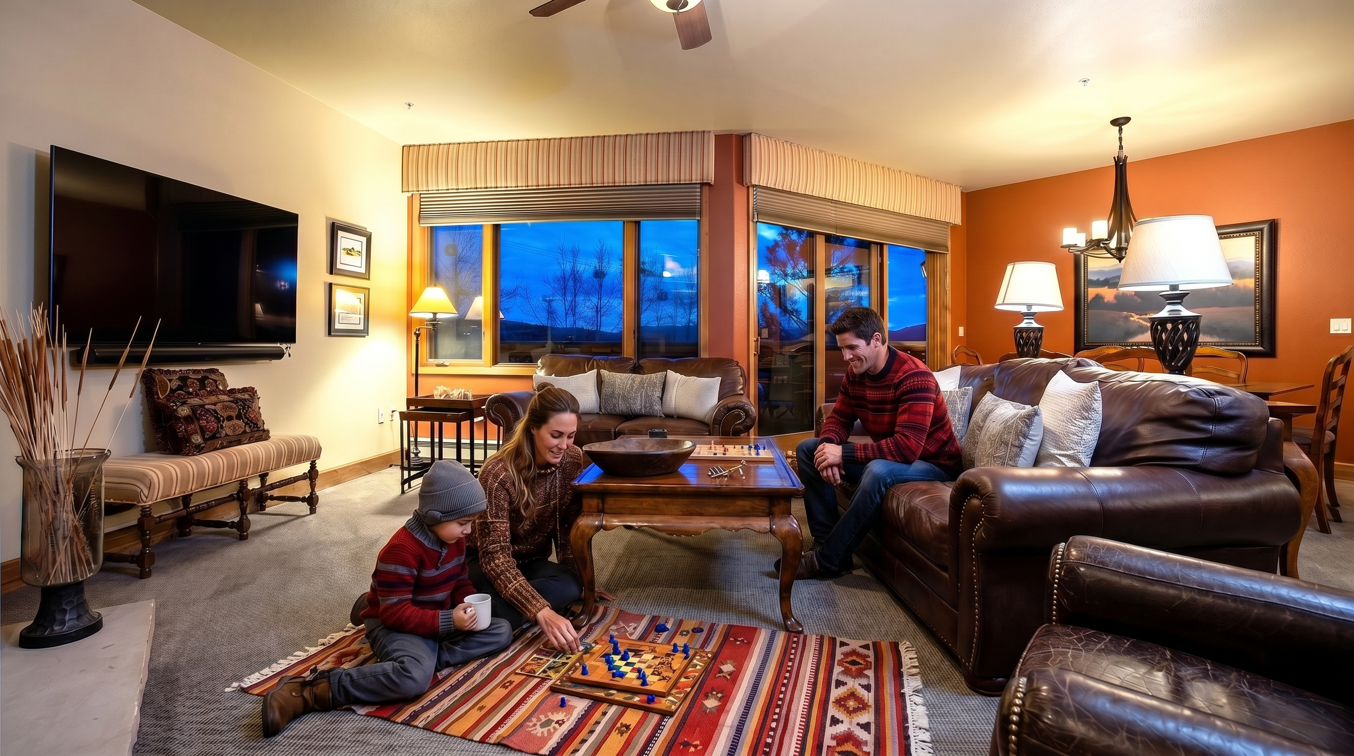 This inviting living room features a warm, rustic aesthetic with rich leather seating, including a large sofa and matching armchairs arranged around a wooden coffee table. The space is anchored by a ceiling fan and illuminated by soft lamp lighting, while large windows offer a view of the twilight sky outside. An orange accent wall adds a vibrant touch to the dining area visible in the background, creating a cohesive and comfortable open-concept living space.