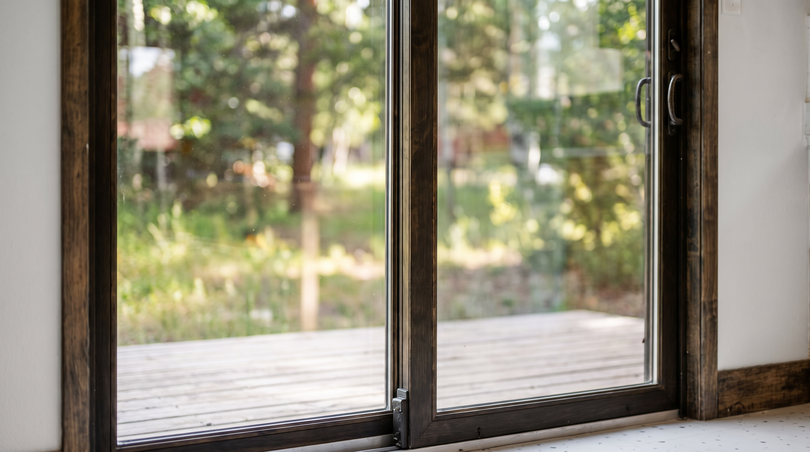 This image features a close-up view of a high-quality sliding glass door with a dark, stained wood frame. The view through the glass looks out onto a wooden deck and a lush, blurry backyard, emphasizing an indoor-outdoor connection. Its sturdy construction and classic finish suggest a thoughtful design element likely found in a well-maintained home.
