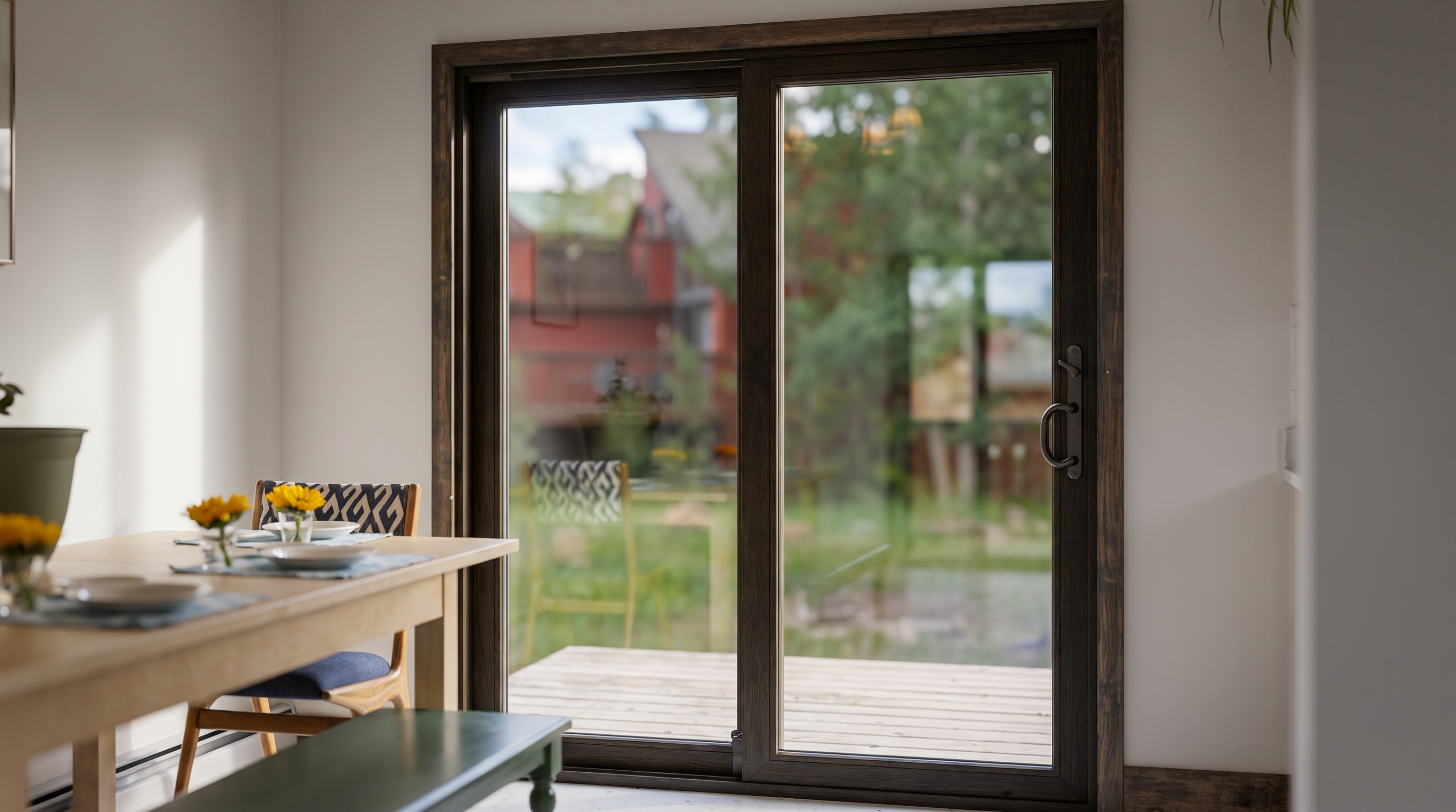This dining room area features a warm, inviting atmosphere with a light wood dining table and a dark-toned bench. A large, dark-framed sliding glass door acts as a focal point, providing a seamless view of an outdoor wooden deck and greenery beyond. The space is well-lit and thoughtfully arranged, emphasizing a comfortable and connected indoor-outdoor living experience.