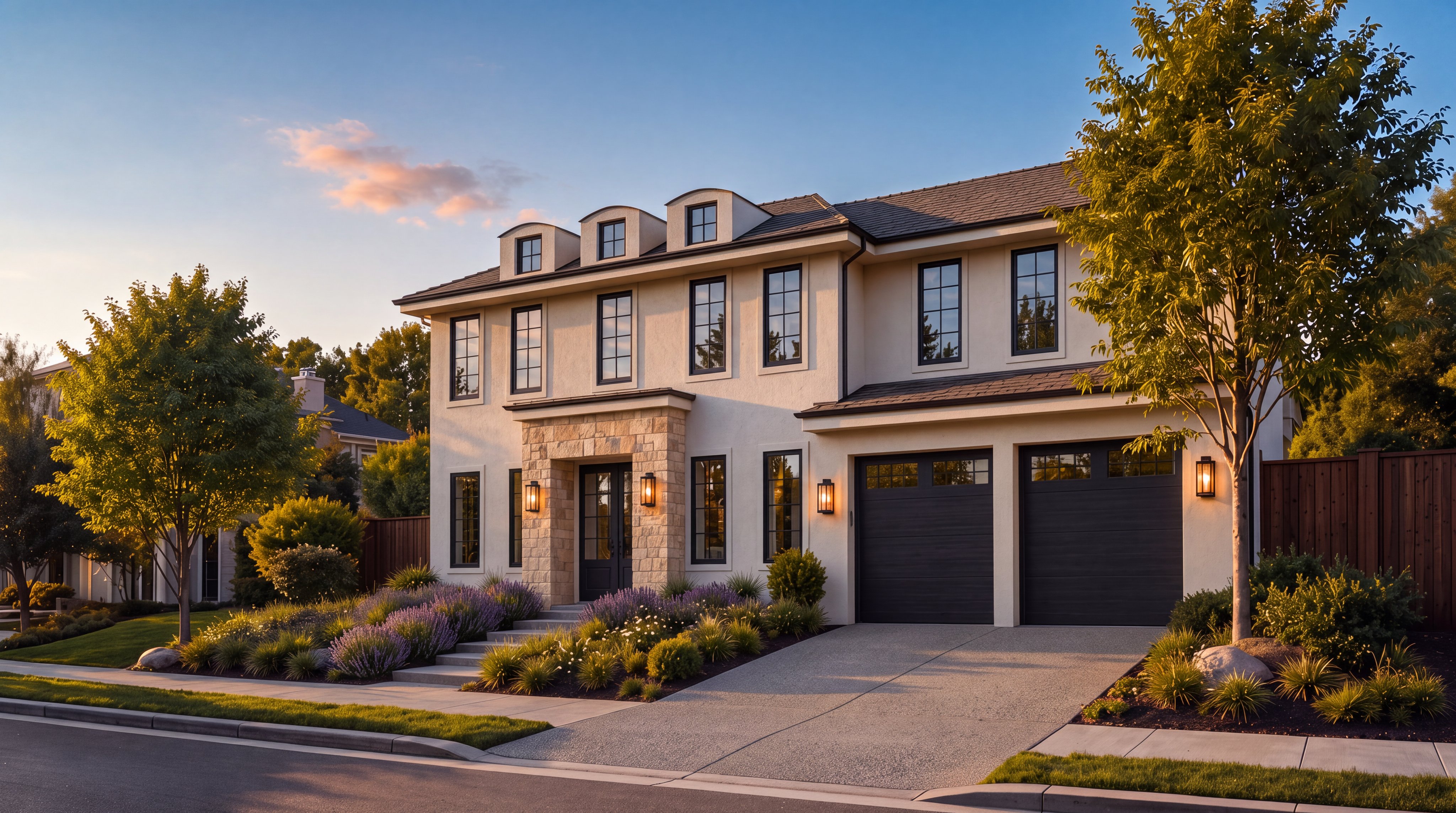 This elegant two-story residence features a sophisticated blend of light-colored stucco and natural stone accents, creating a high-end, timeless aesthetic. The home boasts symmetrical window placement, three charming dormers on the roofline, and a spacious two-car garage. A well-manicured front yard with tiered landscaping and exterior lighting enhances the property's inviting curb appeal.