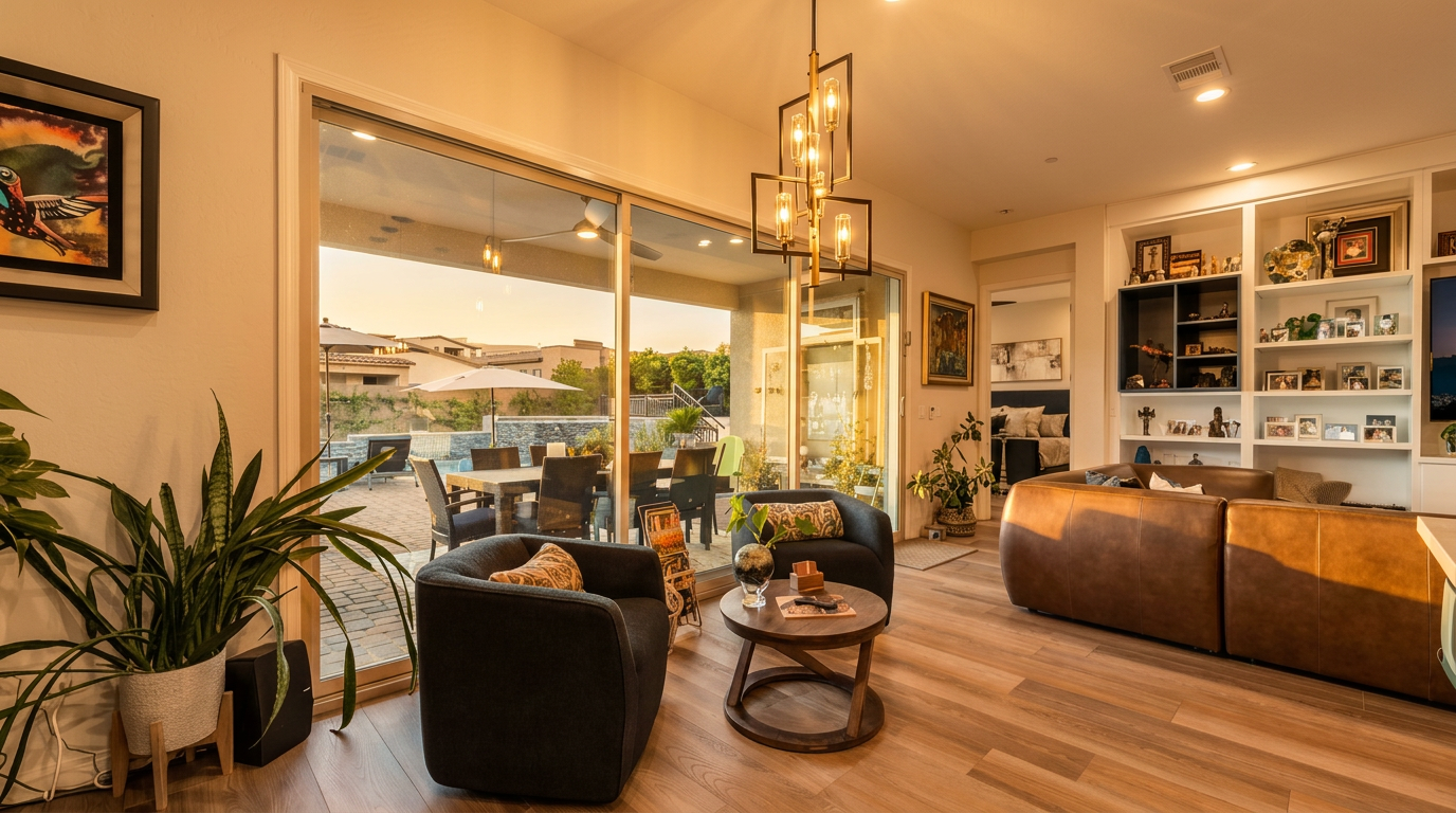 This bright and open living area features light wood-toned flooring and a large sliding glass door that provides a seamless transition to the outdoor patio and pool area. The space is furnished with two dark armchairs surrounding a round wooden coffee table, with a large leather sofa visible to the right. A modern geometric chandelier hangs above the seating area, while built-in shelving units provide ample display space for decor.
