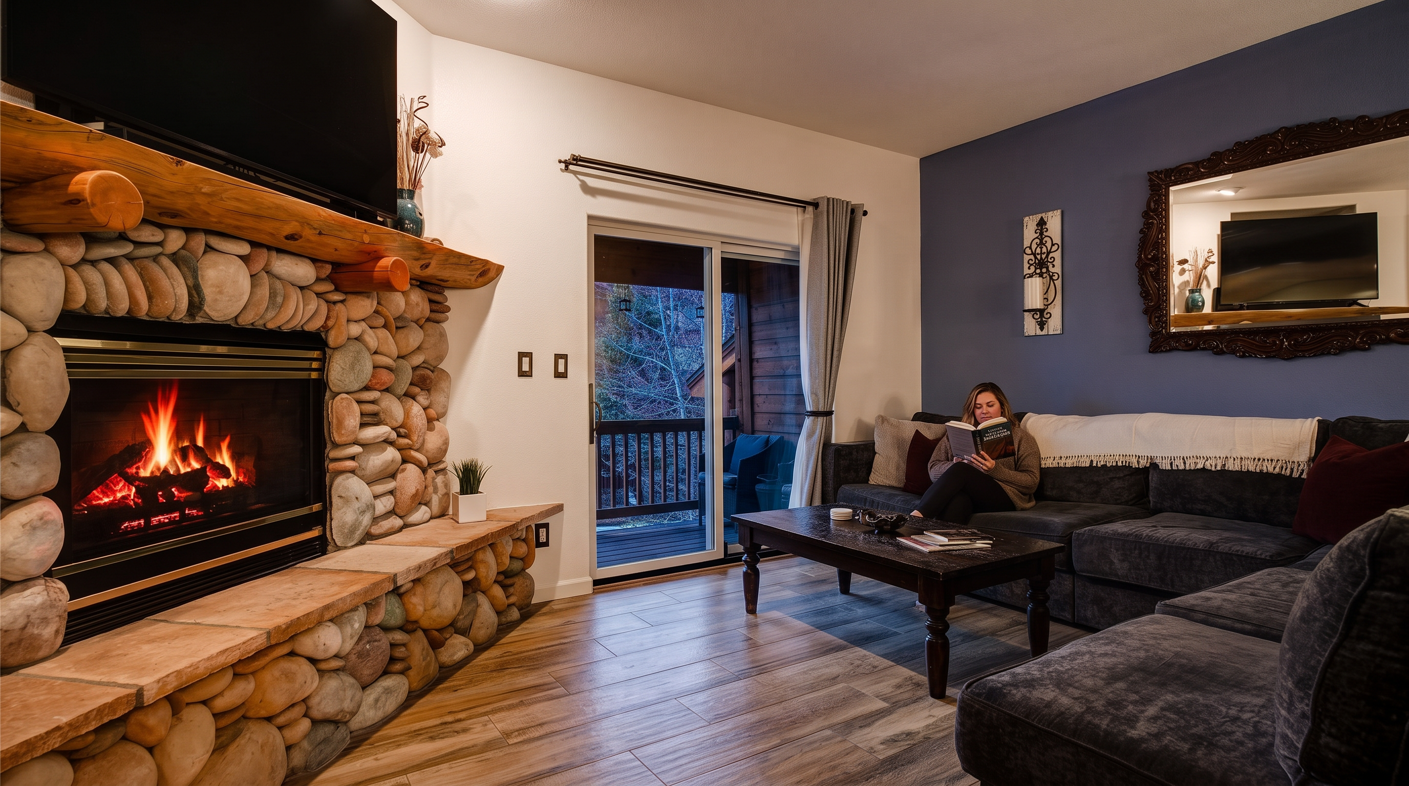 This cozy living room features a striking floor-to-ceiling river stone fireplace with a thick log mantel, creating a warm, mountain-lodge aesthetic. The space includes a comfortable sectional sofa, wood-look tile flooring, and a sliding glass door that provides access to a private balcony. The deep blue accent wall and rustic decor contribute to an inviting and relaxed atmosphere perfect for a mountain retreat.