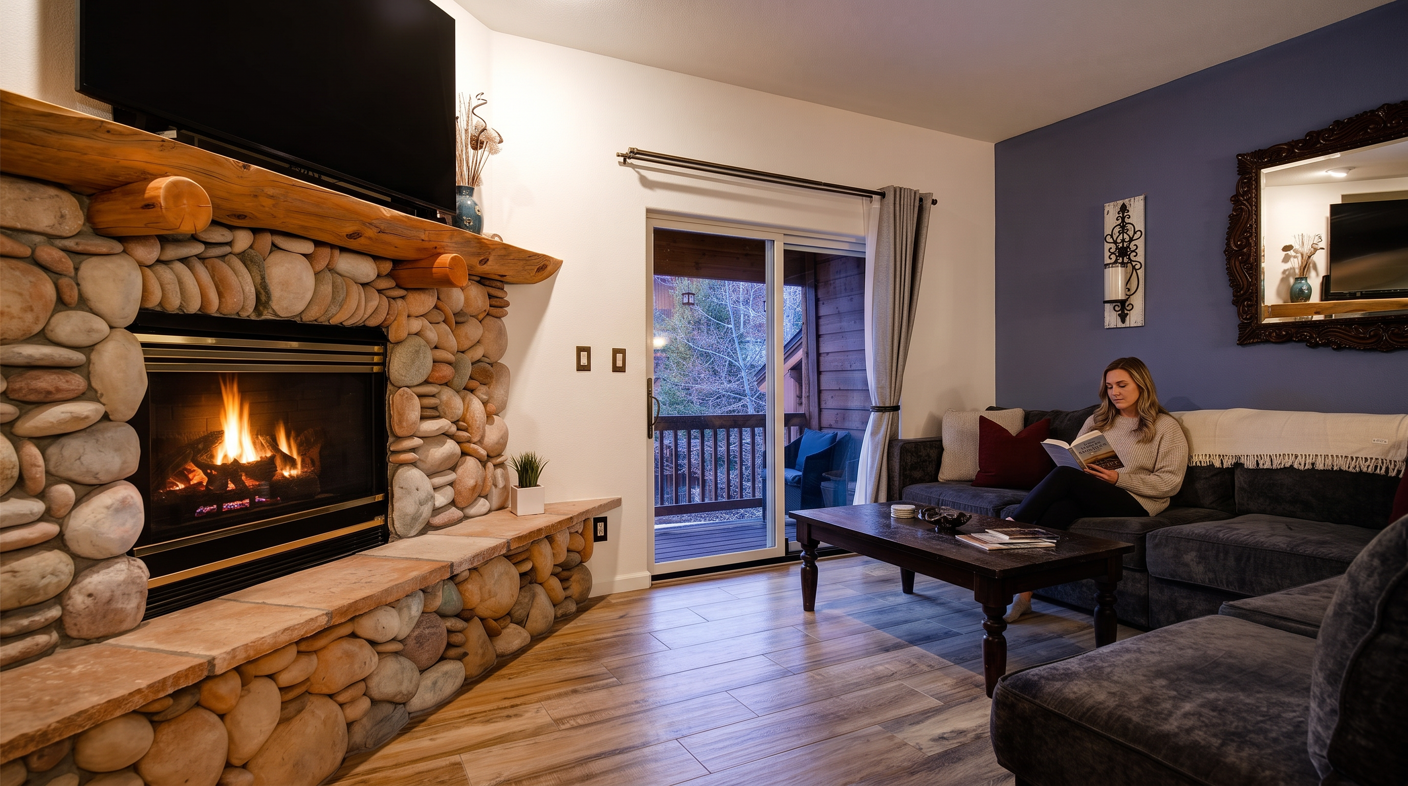 This cozy living room features a striking stone fireplace, wood flooring, and a large sliding door that leads to an outdoor deck, inviting in natural light. A comfortable sofa is positioned as the focal point, creating an inviting space for relaxation, while the neutral color palette and modern decor suggest a warm, lodge-like aesthetic. The room is well-appointed, making it an appealing space for potential buyers looking for comfort and style.