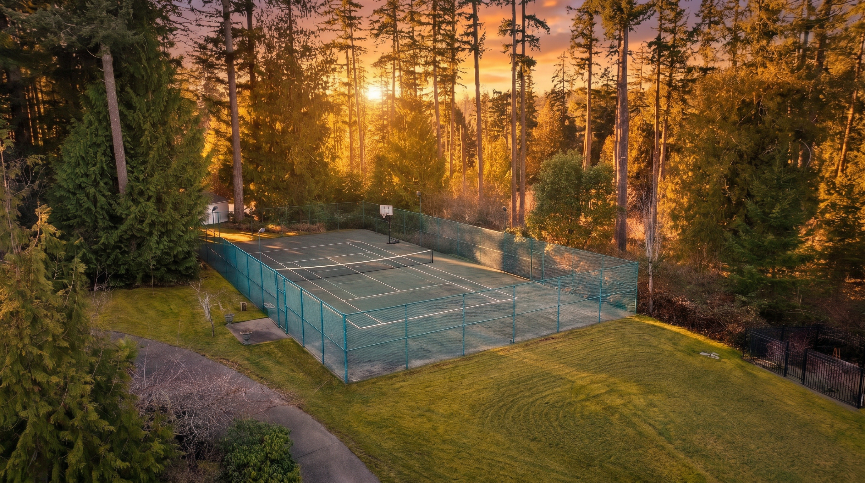 This elevated view captures a private, fenced-in tennis court nestled within a lush, wooded landscape. The court features a green surface with white lines and is surrounded by tall chain-link fencing, with a basketball hoop integrated at one end. A manicured lawn and a paved walkway lead toward the court, emphasizing a serene and recreational outdoor setting.