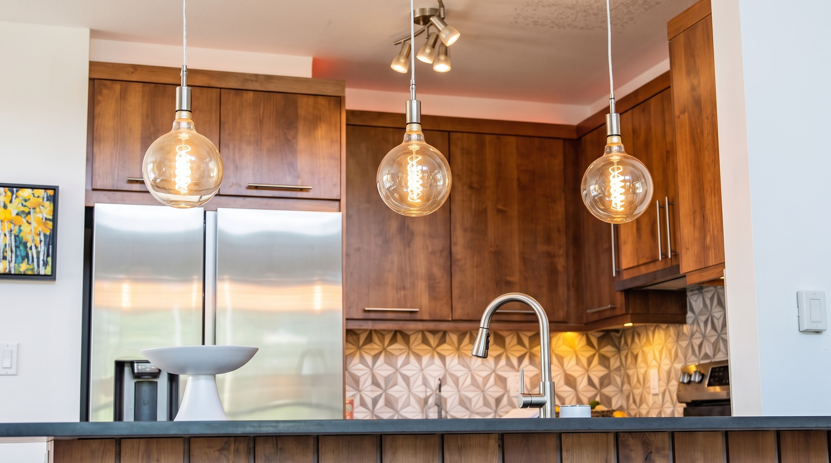 This modern kitchen features warm wood cabinetry contrasted with a geometric tile backsplash and sleek stainless steel appliances. Three large glass pendant lights with warm Edison-style bulbs hang over the countertop, creating an inviting and well-lit atmosphere. The space combines contemporary design elements with a clean, functional layout ideal for a high-end home listing.