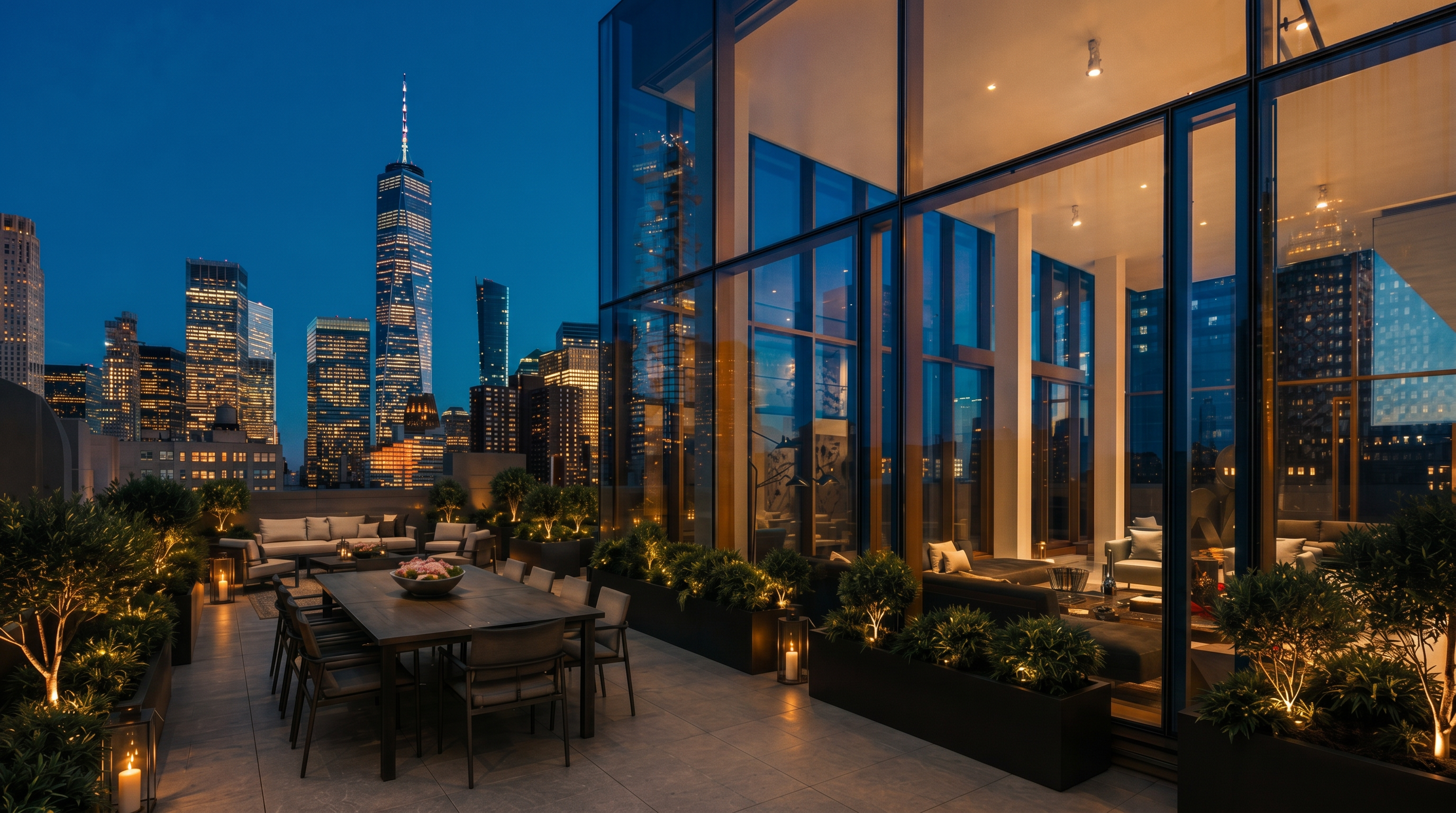 This sophisticated rooftop terrace offers a panoramic view of the city skyline, featuring the iconic One World Trade Center at dusk. The outdoor space is furnished with a long dining table and comfortable lounge seating, complemented by integrated planters filled with lush greenery and ambient landscape lighting. Large floor-to-ceiling glass walls provide a seamless transition between the expansive terrace and the modern interior living space.