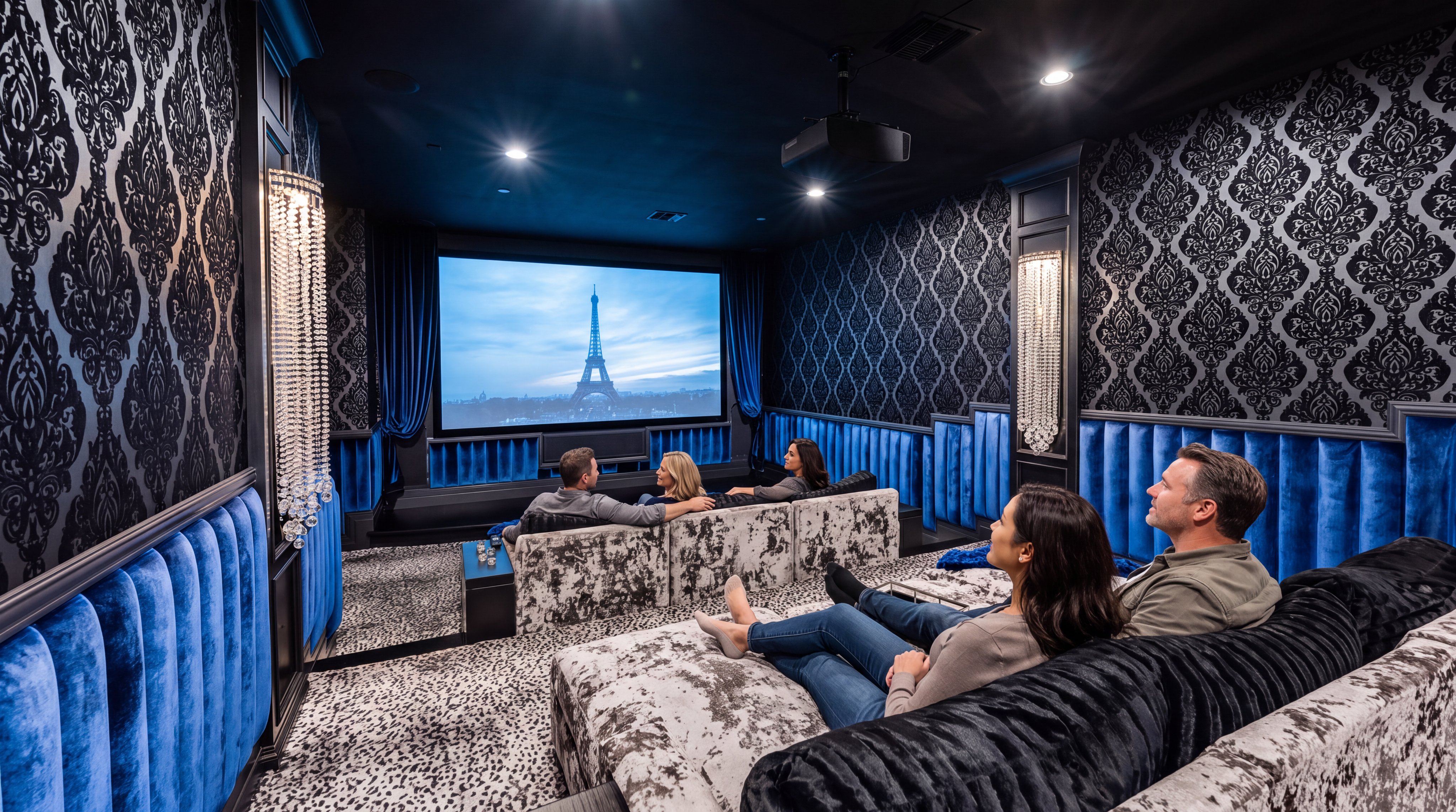 This luxurious home theater room features tiered seating with plush, patterned sofas and sophisticated blue velvet wall paneling accented by damask wallpaper. Crystal wall sconces and integrated surround sound elements provide an upscale cinematic experience, making it a standout high-end entertainment space.