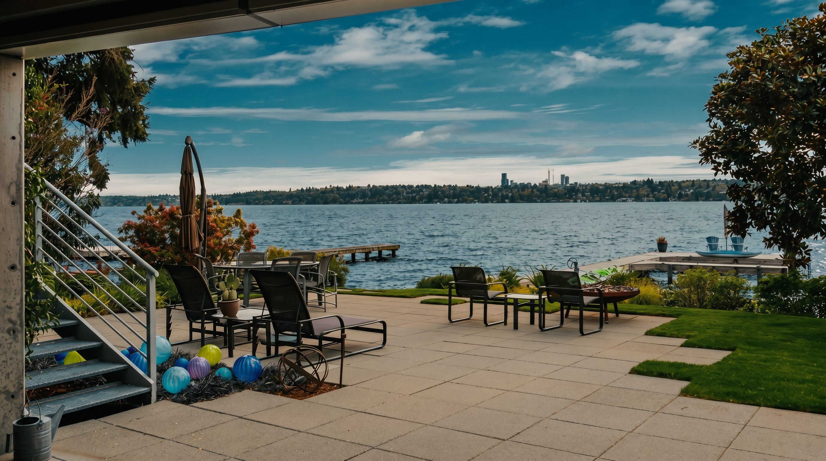 This expansive stone-paved patio offers a serene waterfront view, featuring comfortable outdoor seating arrangements and a fire pit. The space is framed by a modern metal staircase leading down from an upper level and is accented by decorative glass spheres in the garden bed. The scene captures a peaceful lakeside setting with a clear view of a distant city skyline across the water.