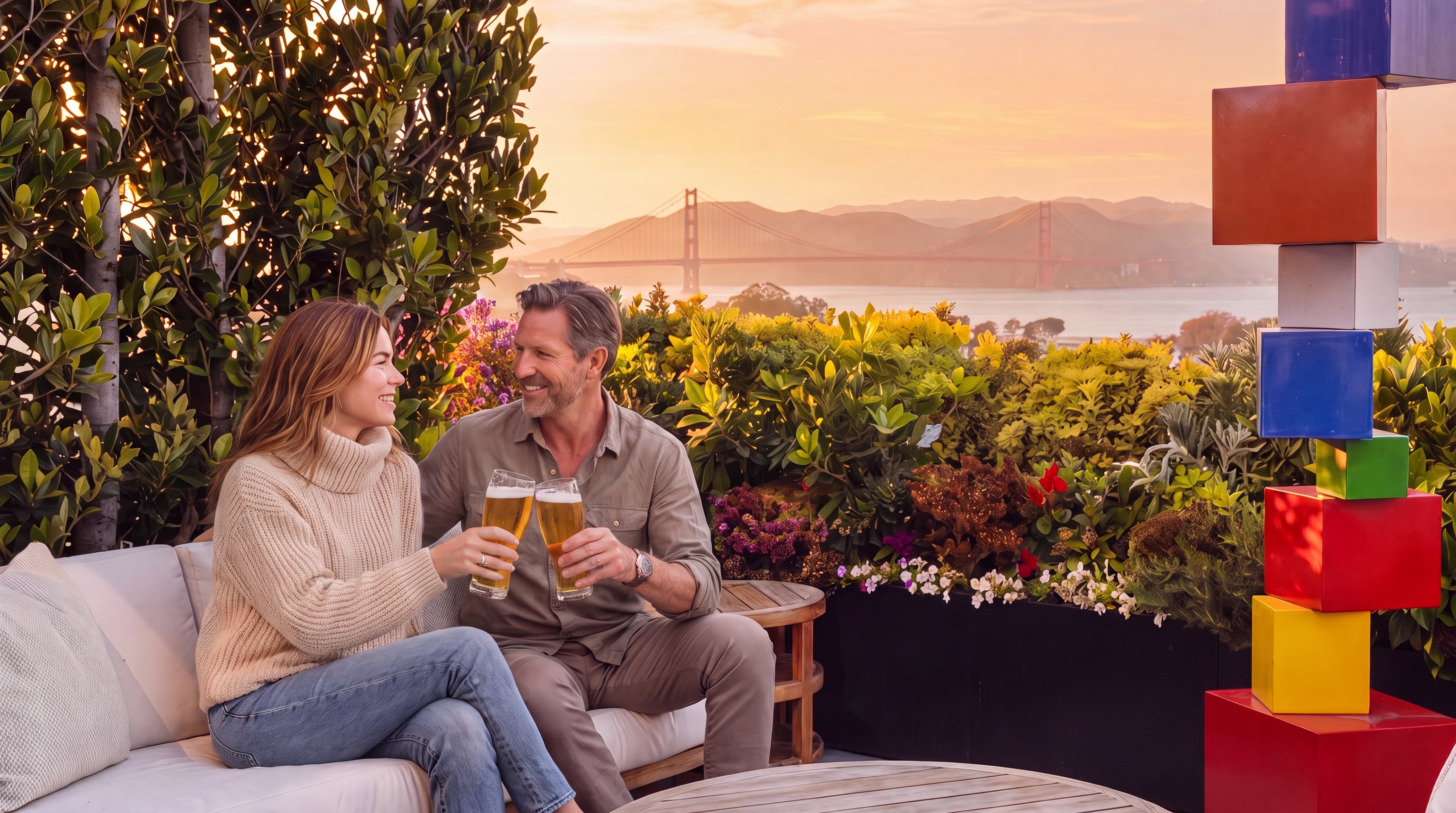 This expansive outdoor terrace offers a stunning, elevated view of the Golden Gate Bridge and the surrounding bay. The space is furnished with a comfortable light-toned sofa, a circular wood coffee table, and a modern woven lounge chair, all arranged for relaxation. A vibrant, multi-colored sculptural art piece stands prominently to the right, while lush greenery and flowering shrubs line the perimeter, creating a private and scenic atmosphere.