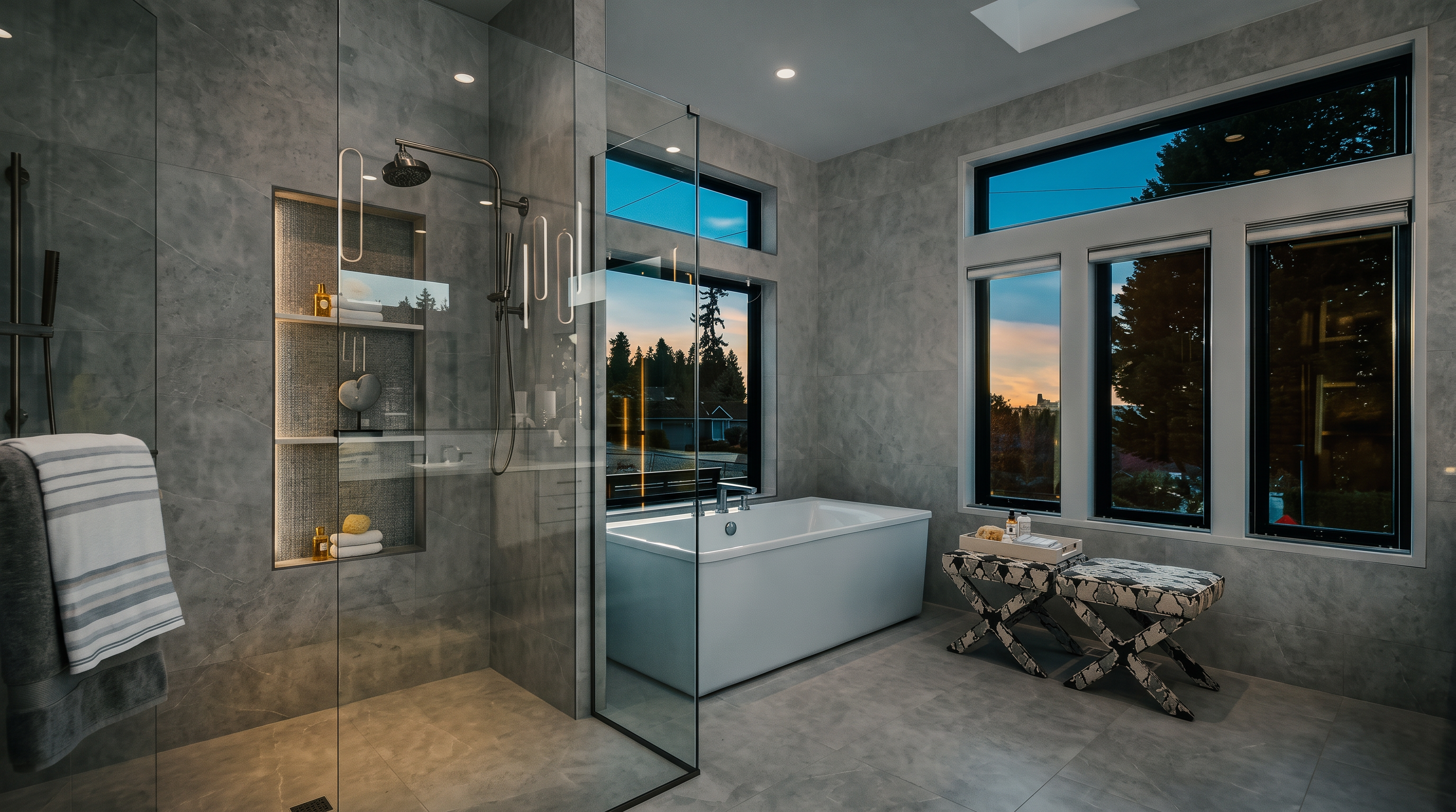 This modern primary bathroom features a spacious walk-in shower with a glass enclosure and a built-in tiled niche, adjacent to a sleek, rectangular soaking tub. Large windows provide ample natural light and views of the outdoors, while a patterned bench sits nearby to complete the contemporary aesthetic. The room is finished with neutral-toned large-format tiles, creating a clean and serene atmosphere.