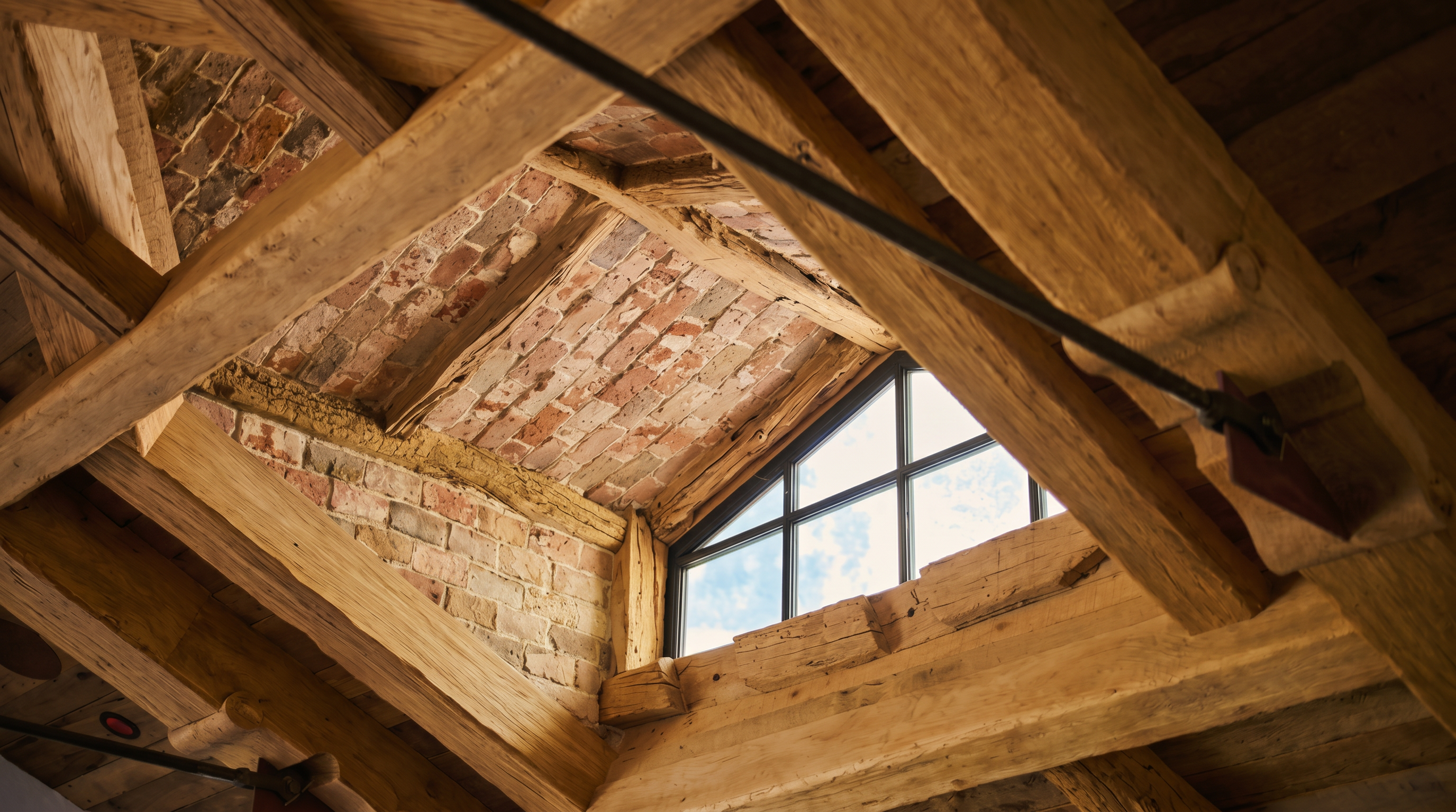 This image captures a striking architectural detail of a vaulted ceiling featuring exposed, rustic timber beams and a textured brick inlay. A triangular window is integrated into the roofline, allowing natural light to filter into the space and highlighting the contrast between the weathered wood and the masonry. The perspective is angled upward, emphasizing the craftsmanship and the historic, industrial-chic aesthetic of the structure.