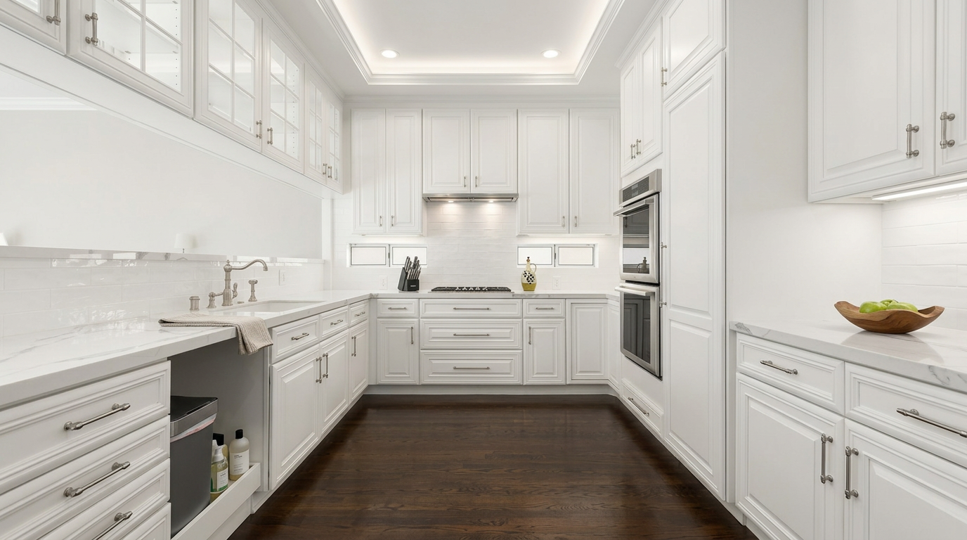 This bright, pristine white kitchen features custom cabinetry, premium stainless steel built-in appliances, and elegant marble-style countertops throughout. The space is anchored by a rich dark wood floor which provides a striking contrast, while under-cabinet and recessed lighting enhance the clean, sophisticated aesthetic.