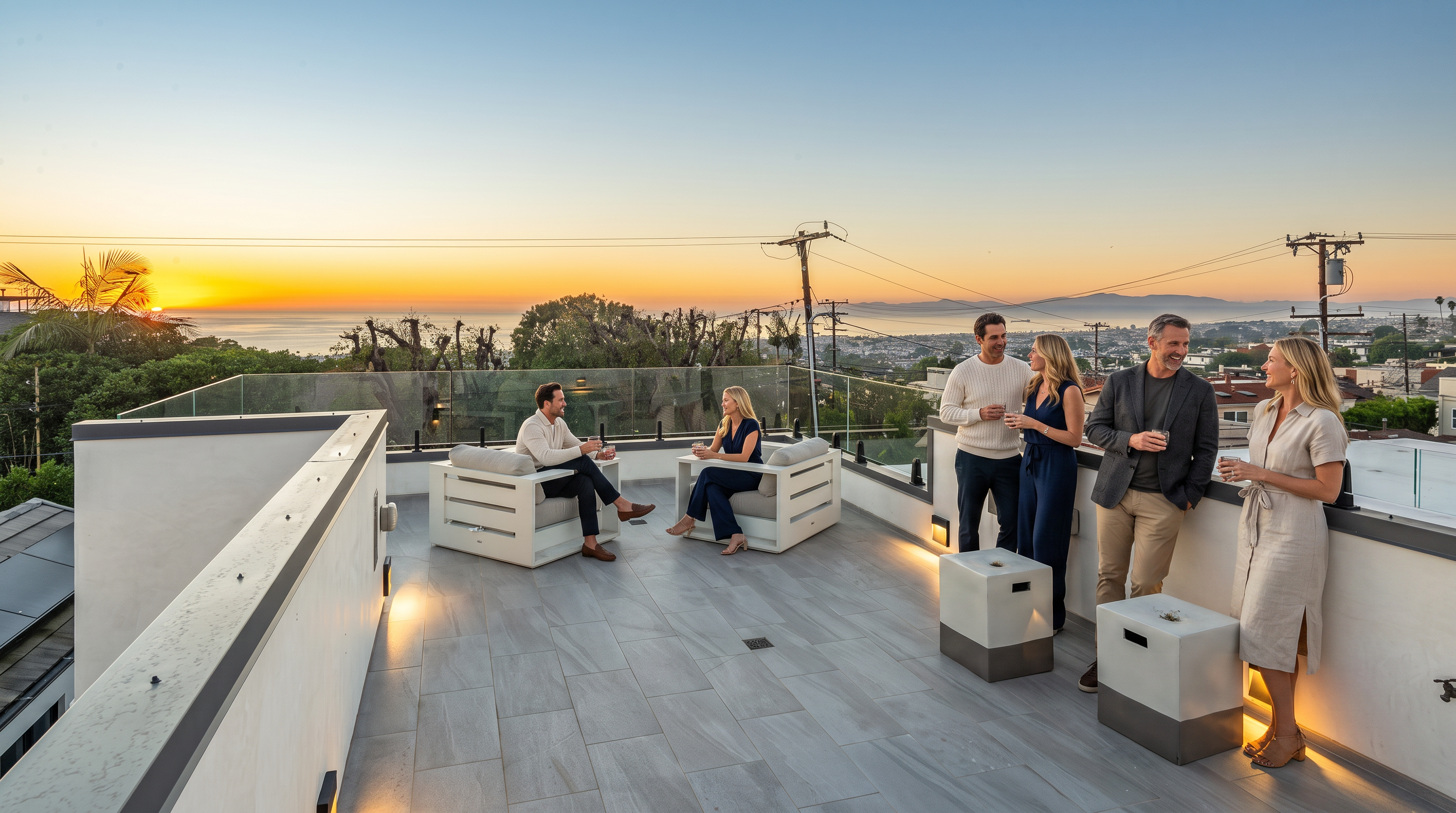 This stunning rooftop deck offers a sophisticated outdoor living space, perfect for entertaining with its panoramic sunset views over the city and ocean. The area features sleek, modern patio furniture, integrated ambient lighting, and high-end tiled flooring, all bordered by a clean glass railing. It creates an inviting and upscale atmosphere, ideal for social gatherings in a premium residential setting.