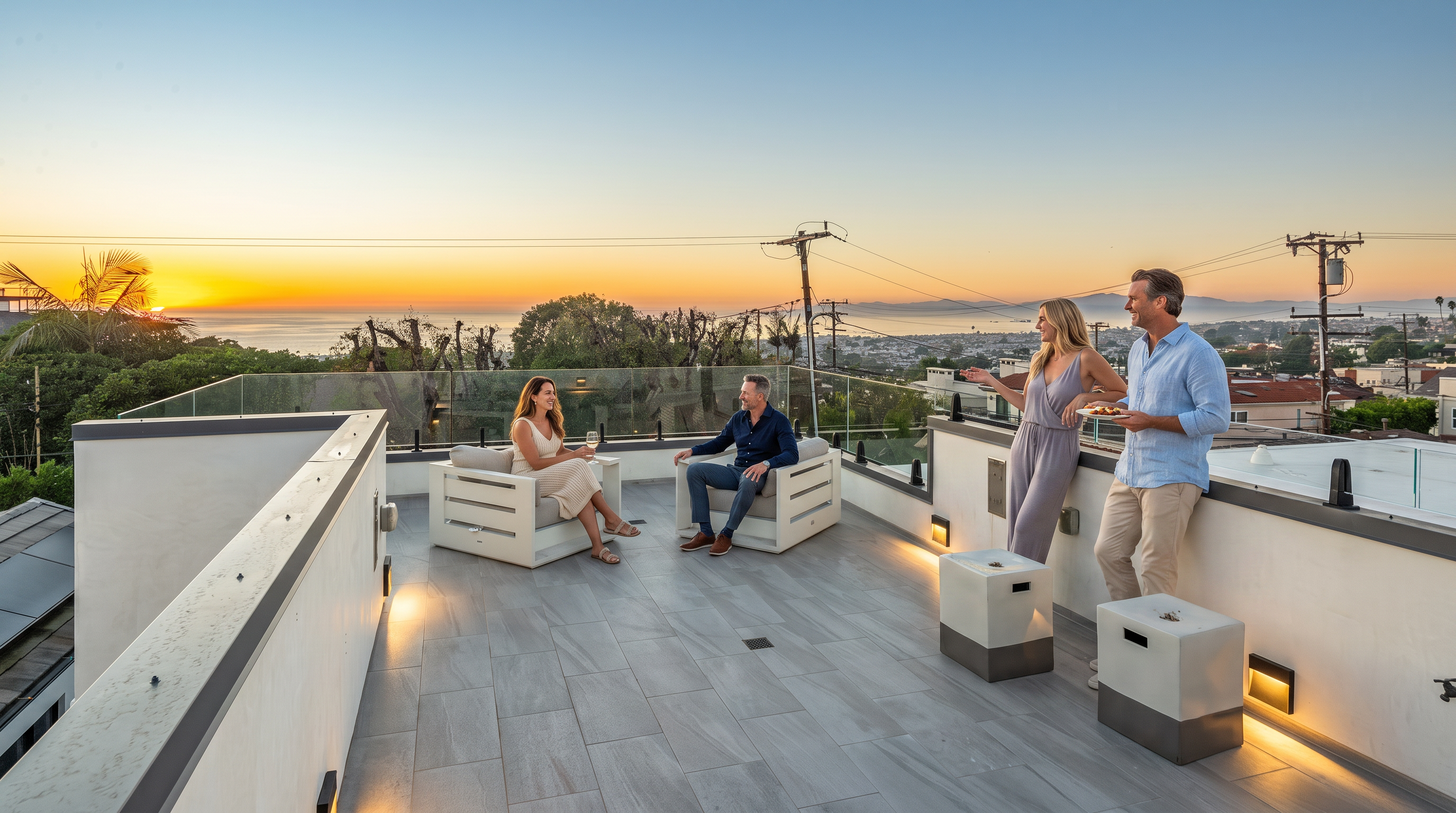 This modern rooftop terrace features sleek, light-toned tiling and white modular lounge furniture, creating an ideal space for outdoor entertaining. The balcony is bordered by a minimalist glass railing that showcases breathtaking sunset views over the ocean and surrounding cityscape. The inviting atmosphere is enhanced by integrated low-level lighting and a social setting, perfect for capturing the luxury lifestyle potential of the property.