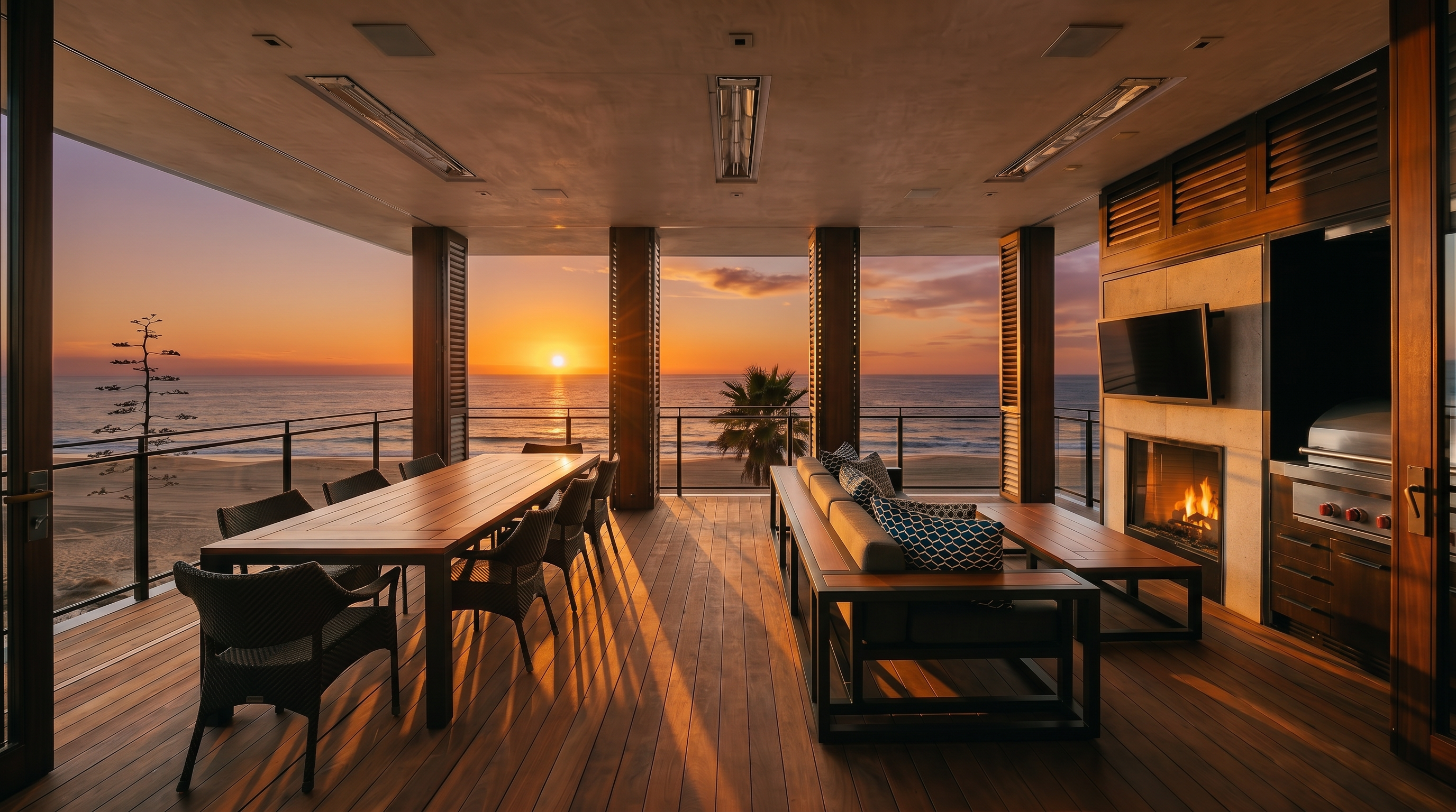 This expansive covered deck offers a seamless indoor-outdoor living experience with direct, unobstructed views of the ocean and sandy beach. The space is furnished with a long wooden dining table and a comfortable lounge area featuring a built-in fireplace and a wall-mounted television. The dark wood decking and structural columns create a sophisticated, modern aesthetic perfect for coastal entertaining.