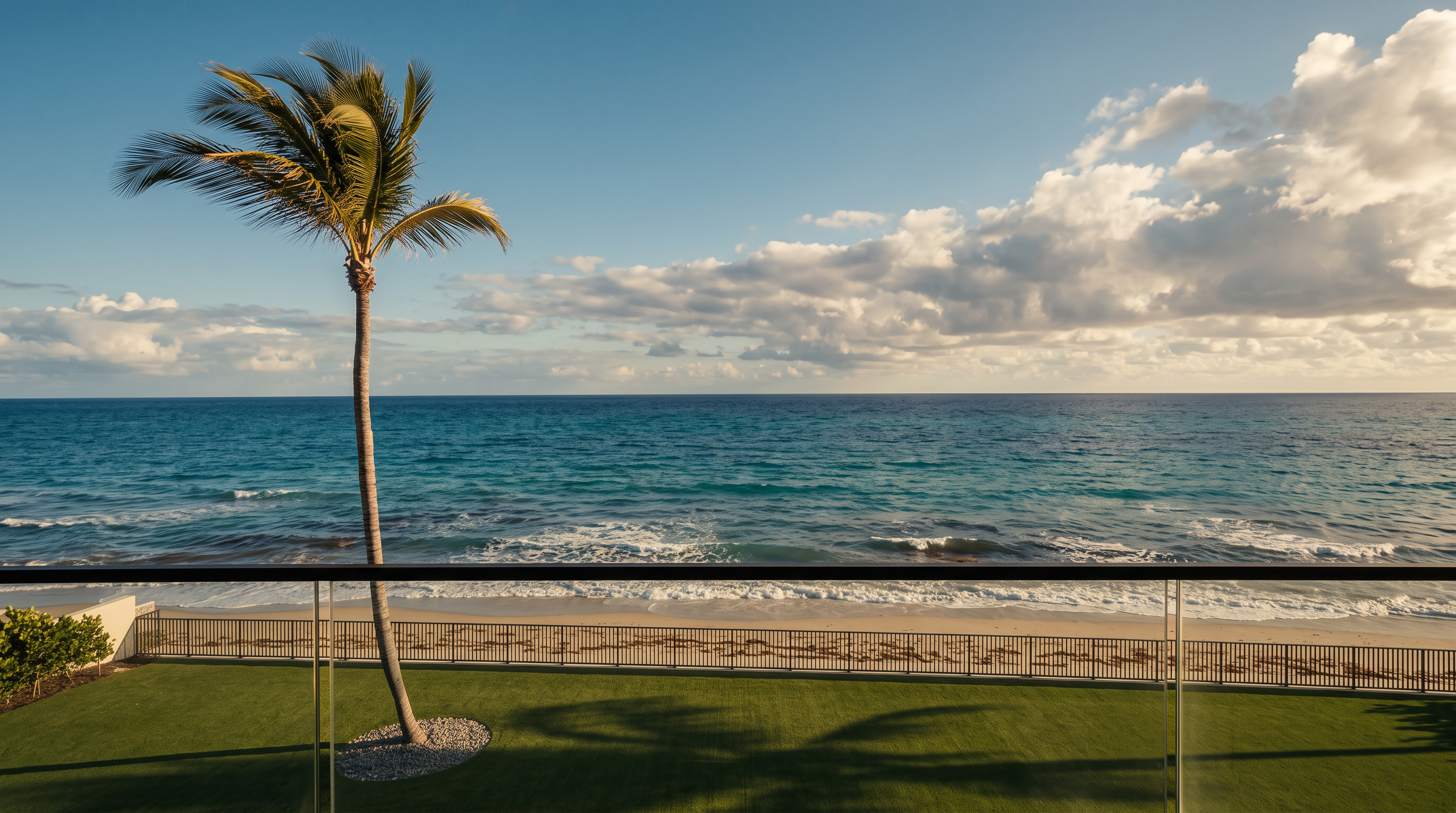 This view from a balcony captures a stunning, unobstructed panorama of the turquoise ocean and sandy beach. A single, tall palm tree stands prominently in the foreground, set against a lush green lawn and a dark metal fence. The perspective is elevated, emphasizing the serene coastal setting and the seamless transition from the private outdoor space to the horizon.