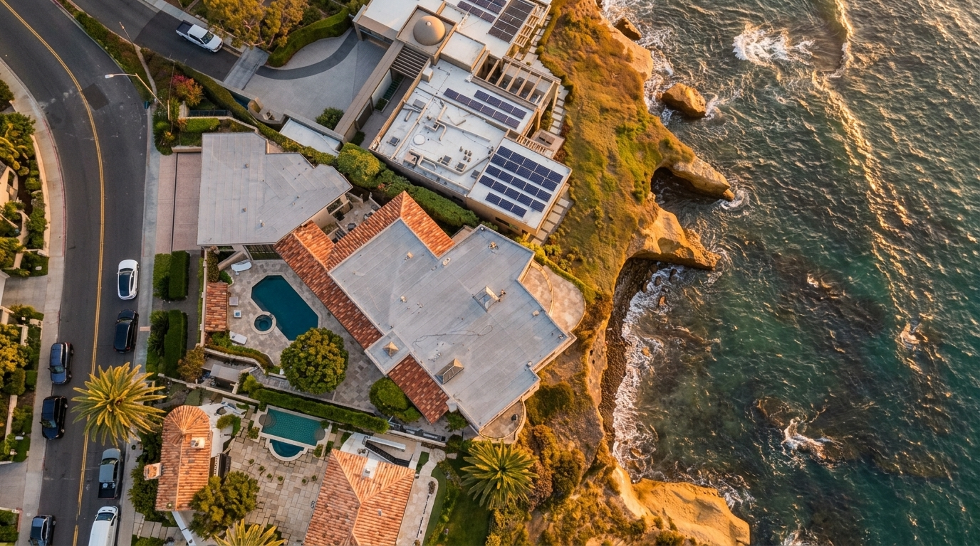 This stunning aerial view captures a cluster of luxury coastal residences perched directly on a rocky cliffside overlooking the ocean. The properties feature sophisticated architectural designs, private swimming pools, and spacious terrace areas that seamlessly integrate with the natural landscape. The combination of Mediterranean-style tile accents, solar-equipped flat roofs, and the dramatic sunset lighting highlights the exclusivity and prime location of these high-end homes.