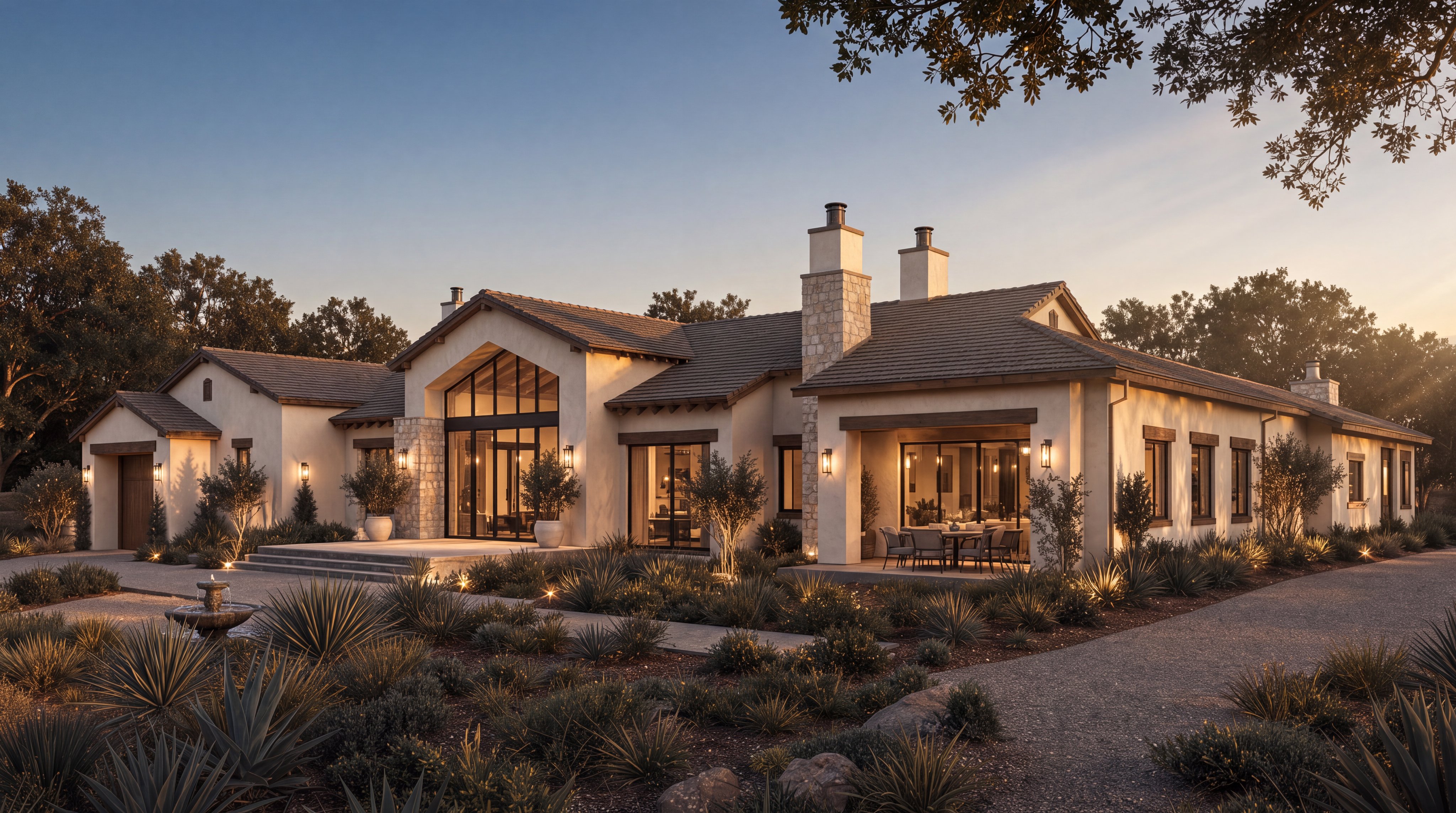 This elegant single-story luxury residence features a sophisticated blend of stucco and stone construction with a neutral, desert-inspired color palette. The exterior boasts a grand entrance with floor-to-ceiling glass windows, a spacious covered patio, and well-manicured, low-maintenance landscaping that complements the contemporary Mediterranean architectural style. With its refined lighting and clean, symmetrical lines, the property presents a welcoming and upscale curb appeal.